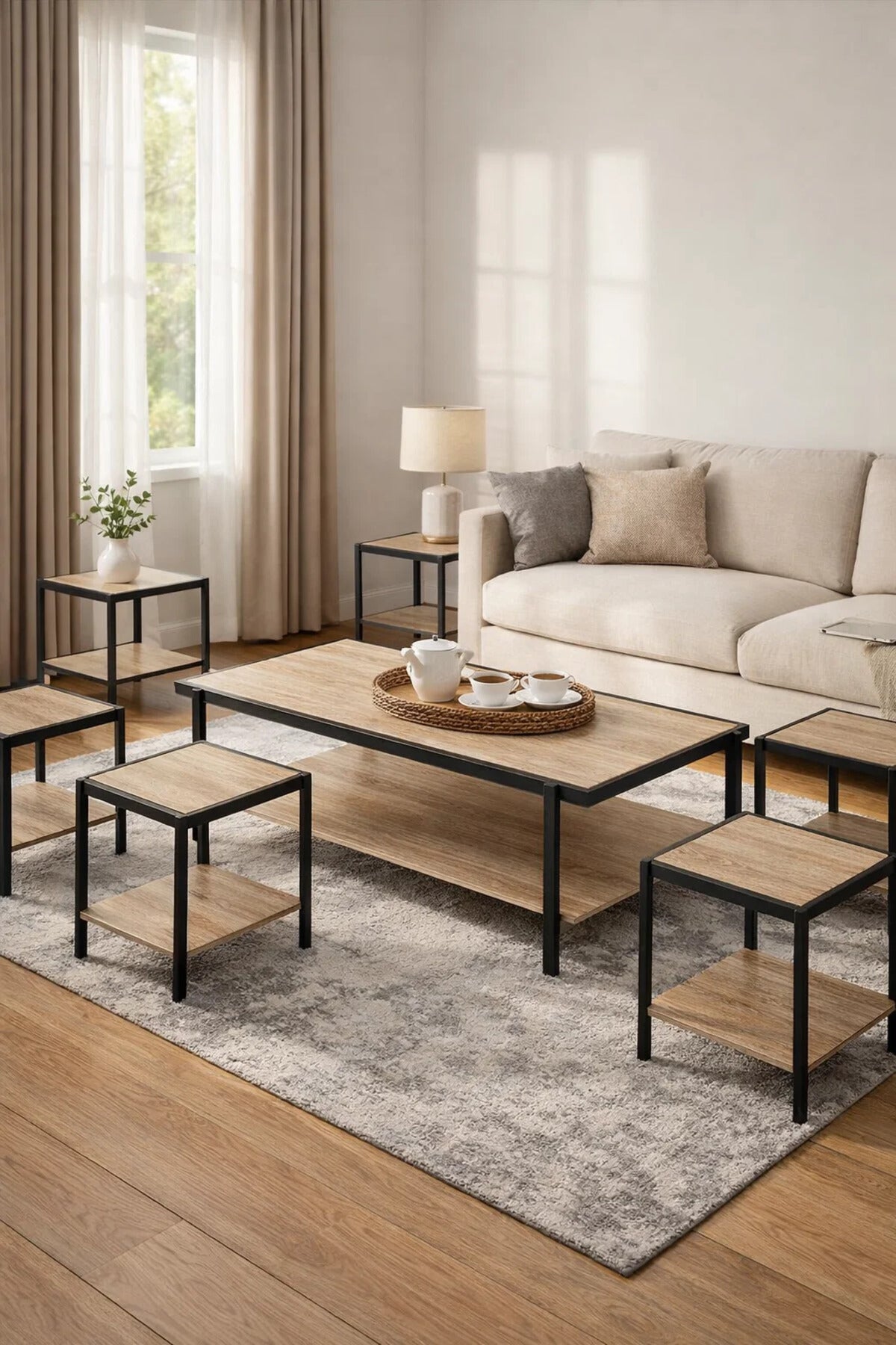 Modern Wood Coffee Table Set with 6 Side Tables and Shelf modern wood coffee Center