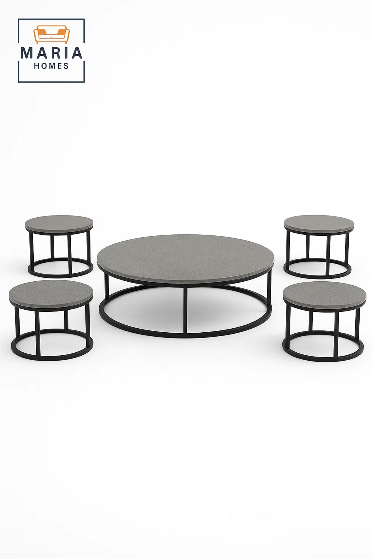Modern Grey Round Coffee Table Set √ê Concrete Finish with Metal Base Living Room 5Piece
