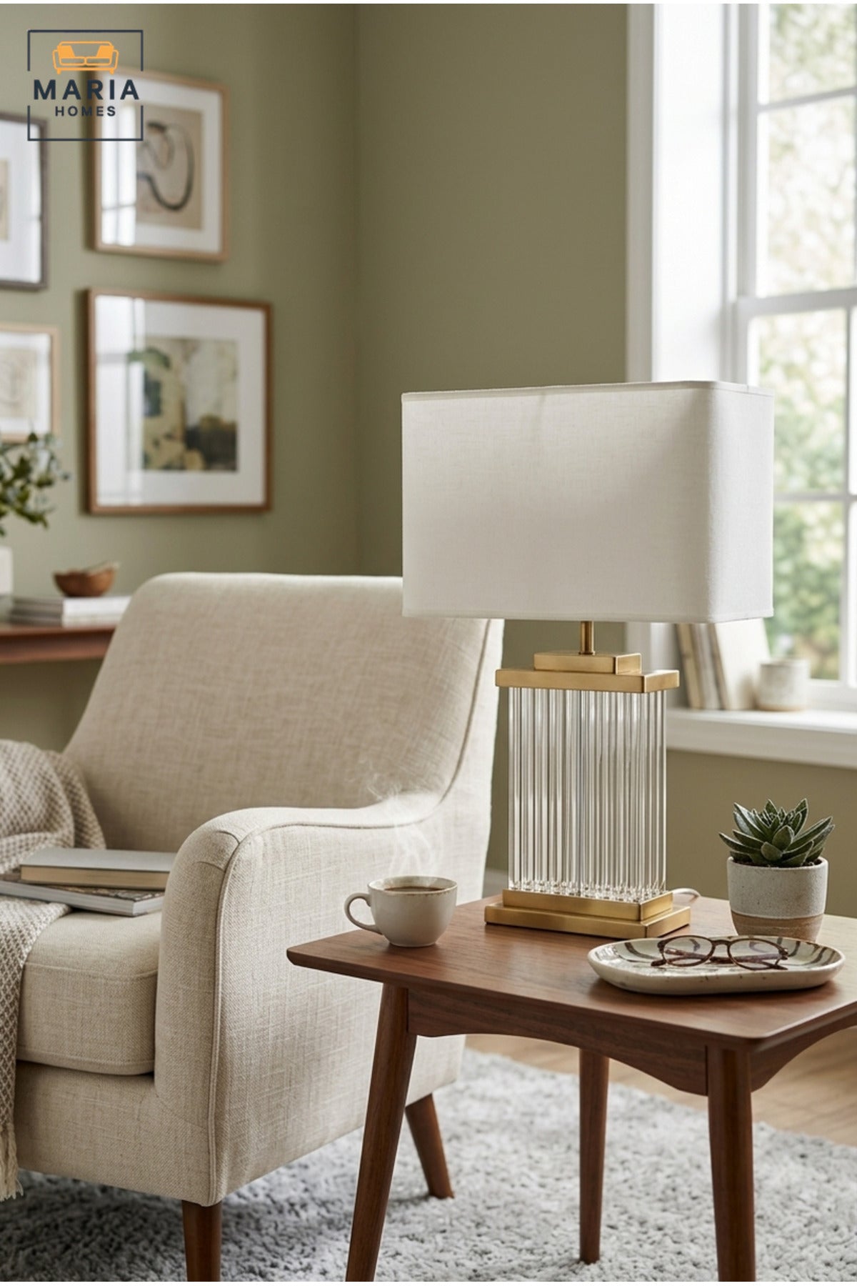 Luxury Rectangular Crystal Table Lamp with White Fabric Shade, Ribbed Clear Base and Antique Gold Tone Frame for Bedroom, Living Room, Office and Hotel