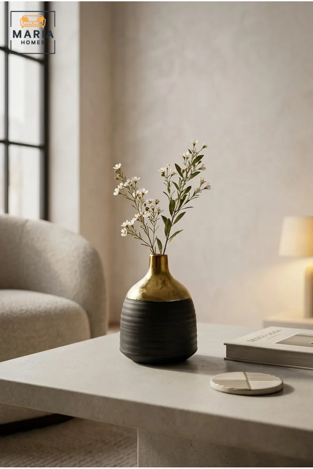 Modern Decorative Flower Vase with Gold-Tone Neck, Textured Rounded Body and Narrow Opening for Living Room, Bedroom, Office and Console Décor