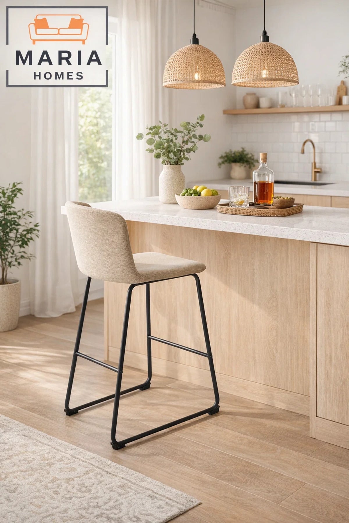 Beige Upholstered Bar Stool with Black Metal Frame √ê Modern Counter Chair