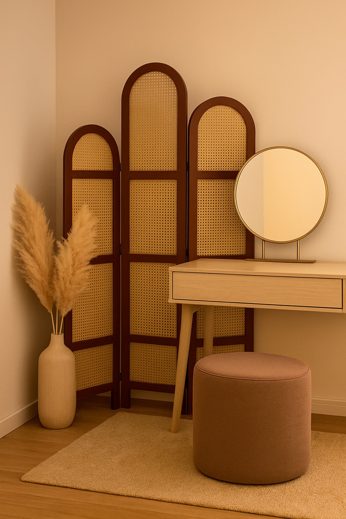 3-Panel Rattan Room Divider with Brown Frame Ð 121_180 cm Elegant Arched Privacy Screen