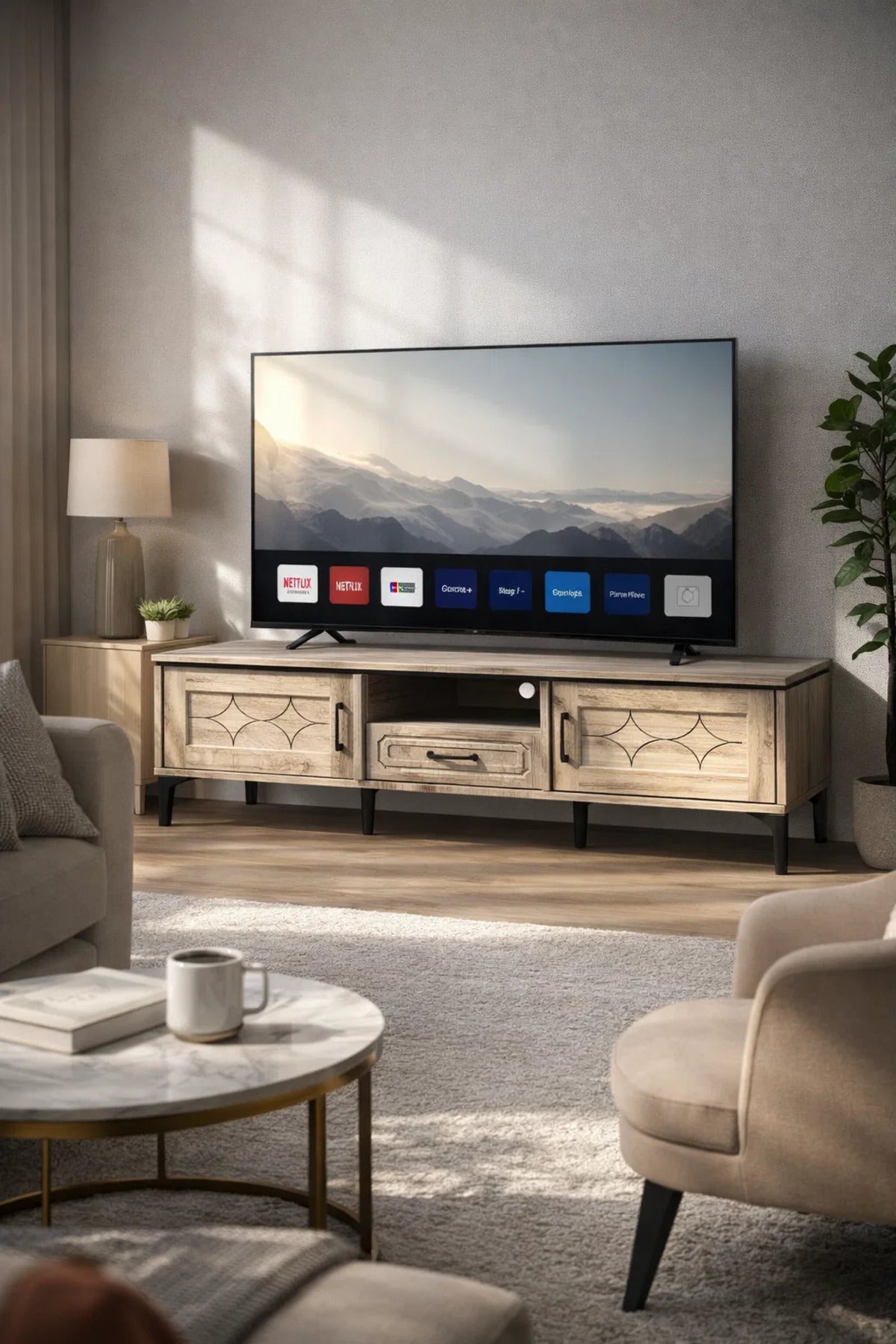 Premium 180cm Wooden TV Unit Entertainment Center with Geometric Design and Metal Legs for Home