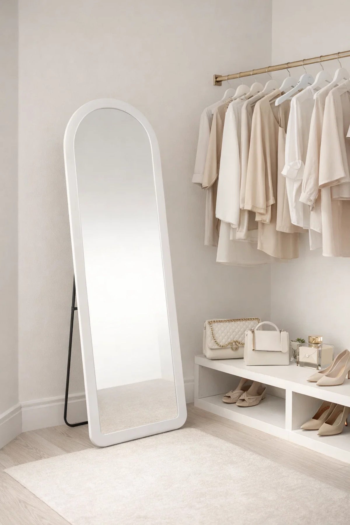 Modern White Arched Standing Mirror Full Length Floor Design 160x60cm for Bedroom Furniture