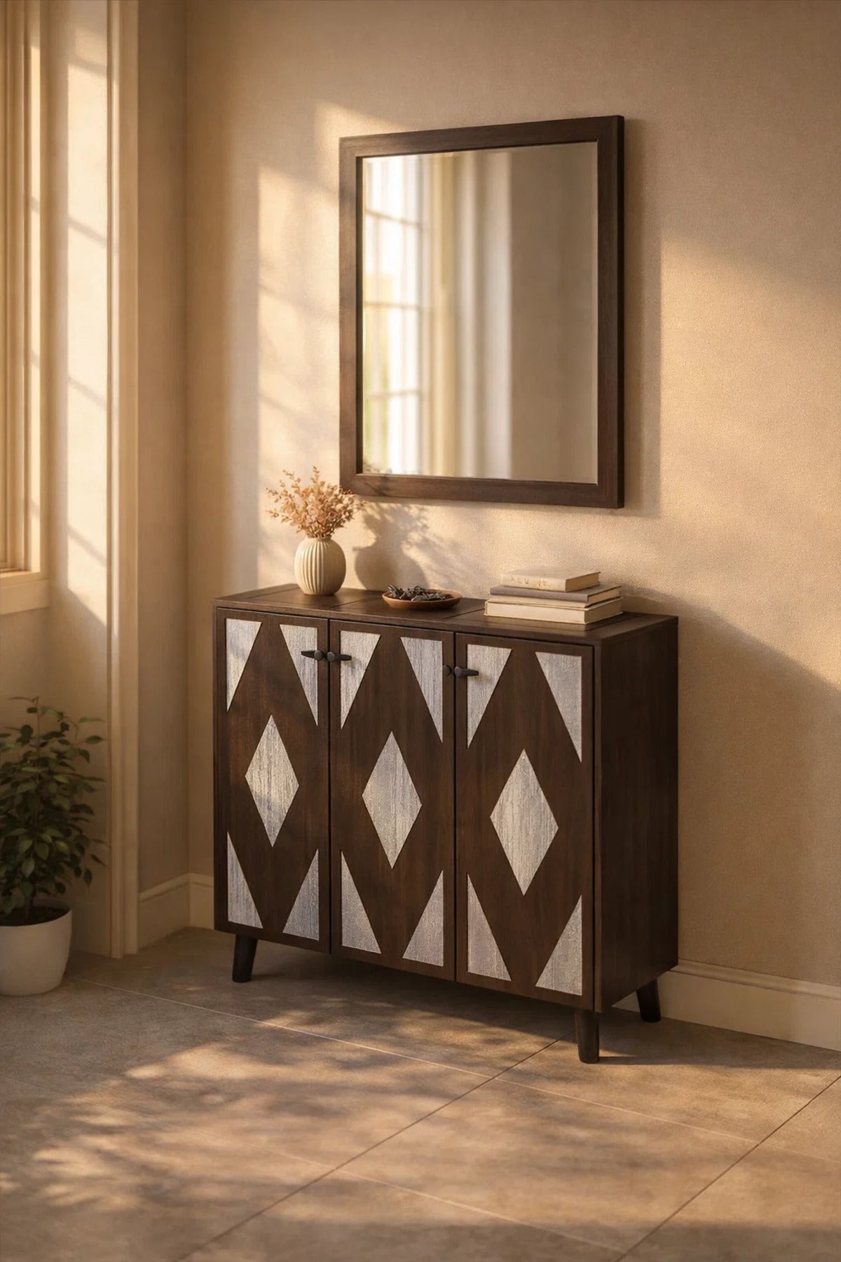 Elegant Dark Brown TV Table Console with Diamond Pattern Doors and Spacious Storage 90cm Wide