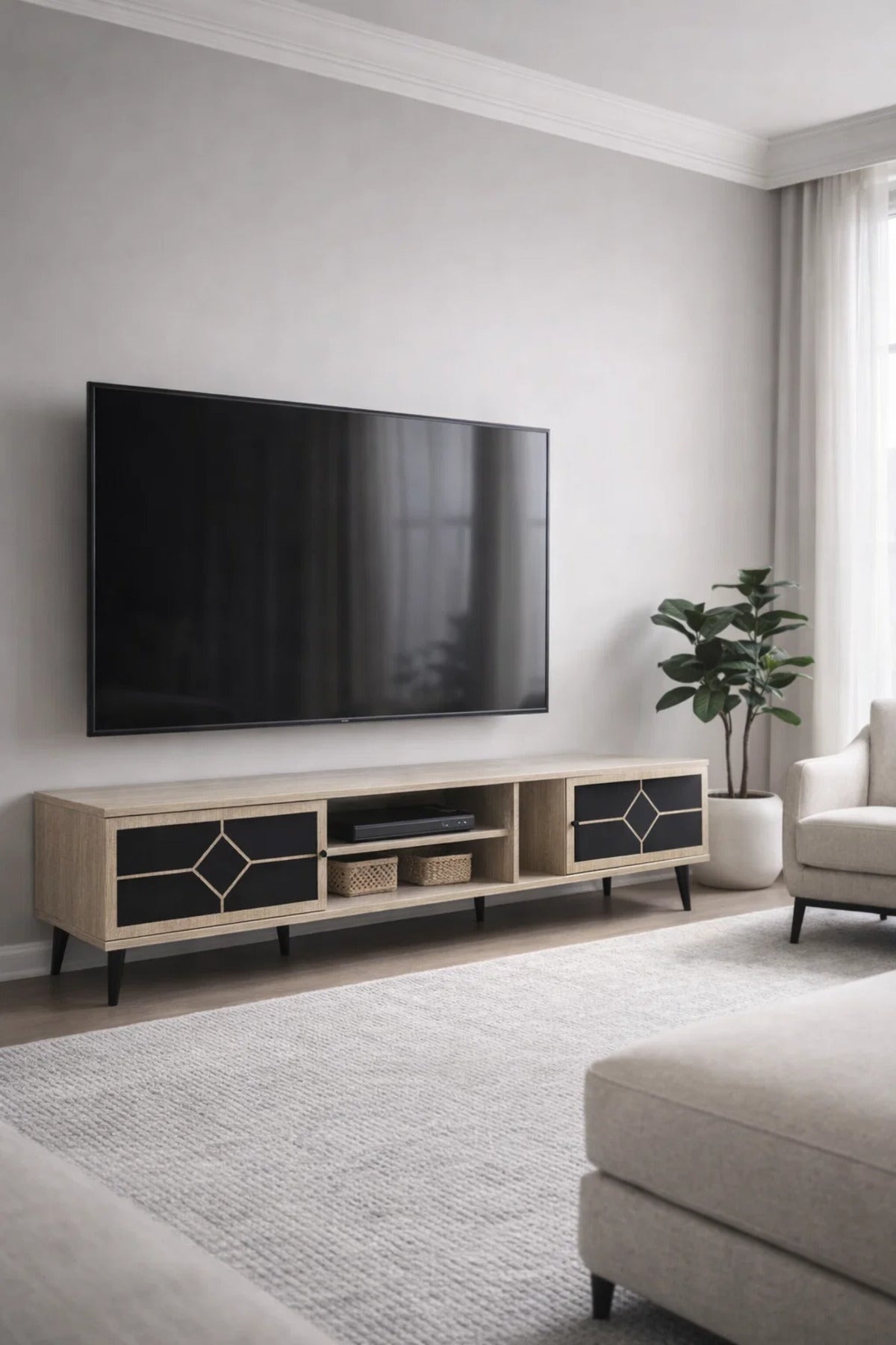 Elegant Beige TV Stand Console with Black Diamond Pattern Doors and Gold Tipped Legs 200cm Width