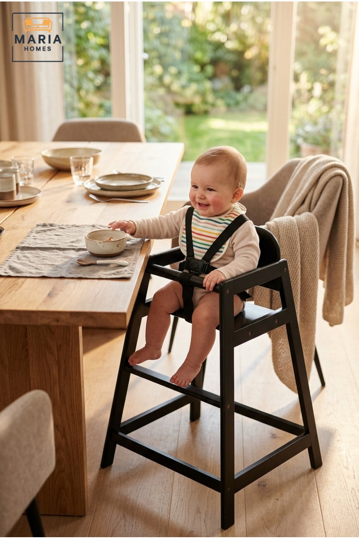 Wooden Baby High Chair | Modern Black Feeding Chair with Safety Harness | Sturdy Kids Dining Chair for Toddlers | Contemporary Wooden High Chair