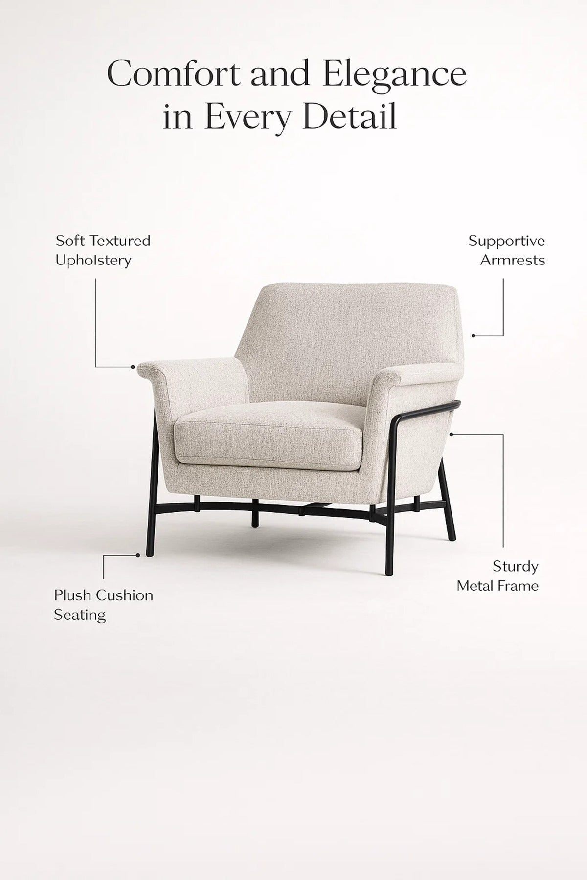 Modern Upholstered Armchair Beige Comfortable Accent Chair with Metal Frame