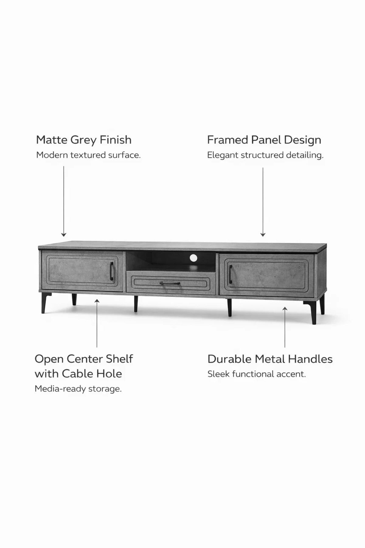 Modern Grey TV Entertainment Unit 180cm Wide Media Console with Storage Drawers Living Room