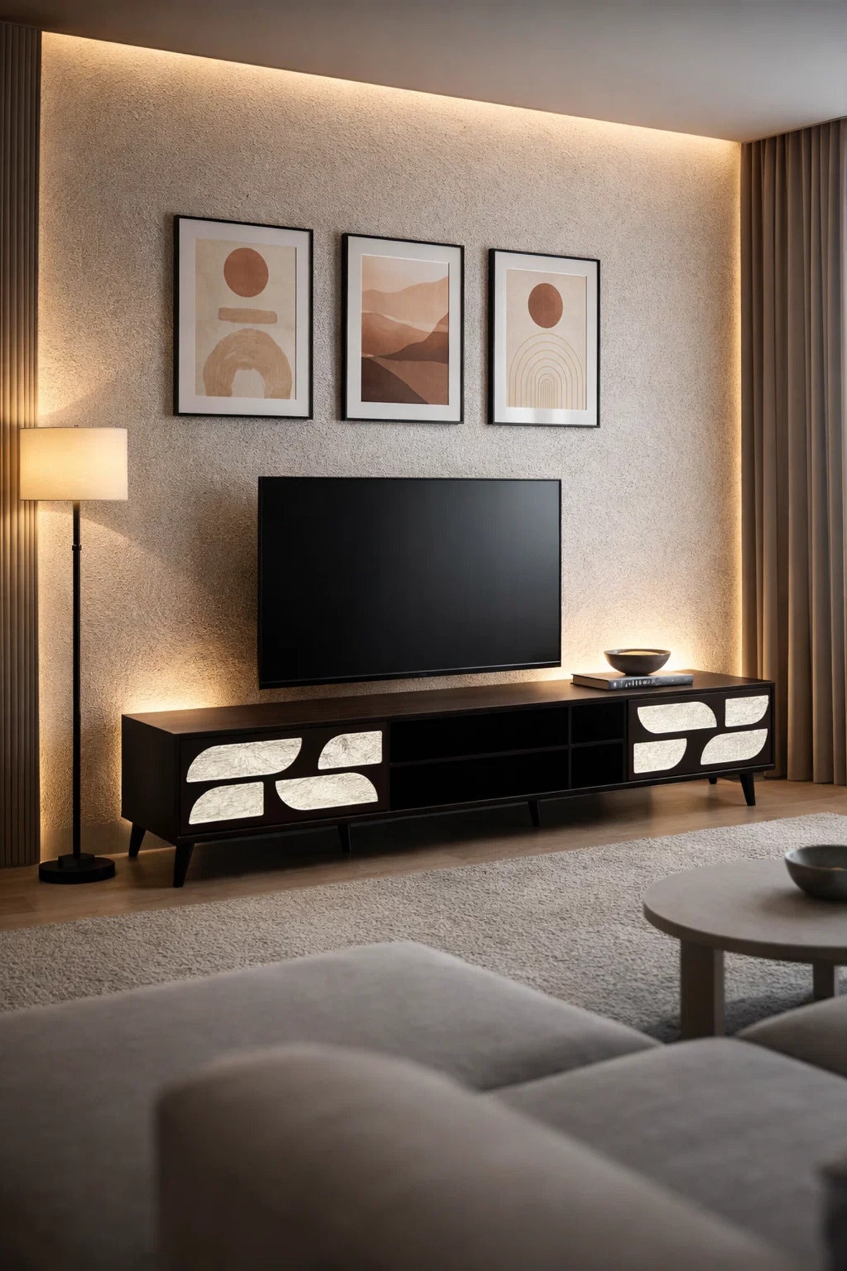 Luxury 200cm TV Table Media Stand with Patterned Doors Dark Brown Finish for Modern Living Rooms