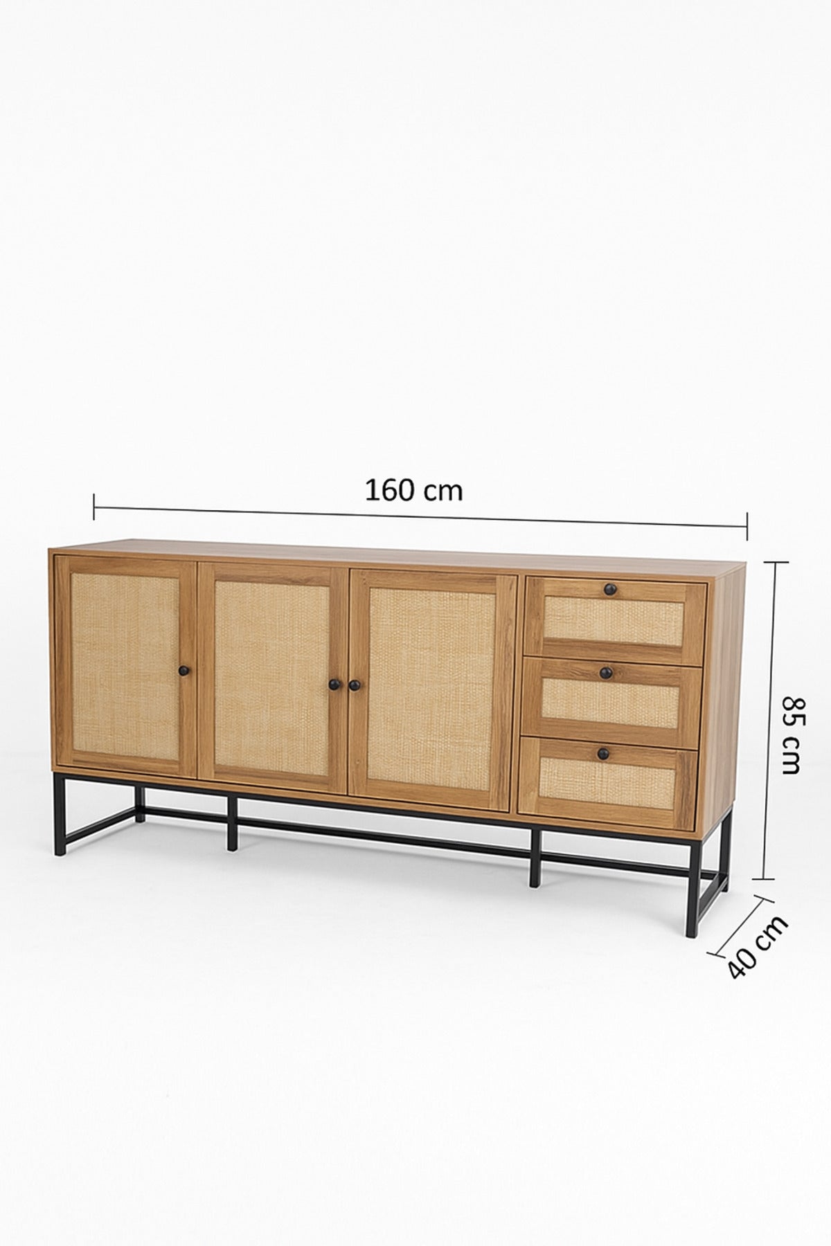 Walnut Rattan Console Table 160_40_85 cm Ð Modern Wooden 4-Door Storage Cabinet with 3 Drawers