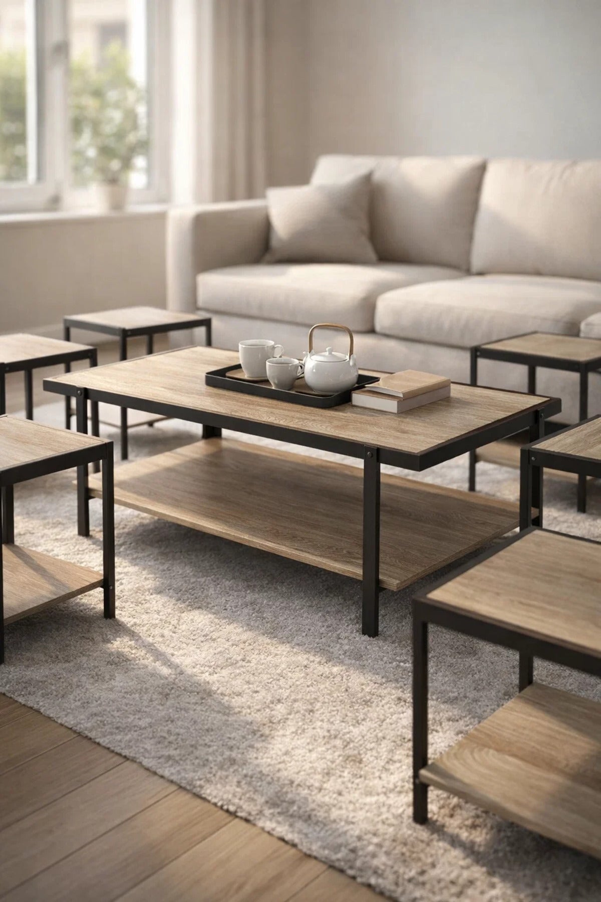 Modern Light Wood Coffee Table Set with 6 Side Tables and Shelf modern light wood