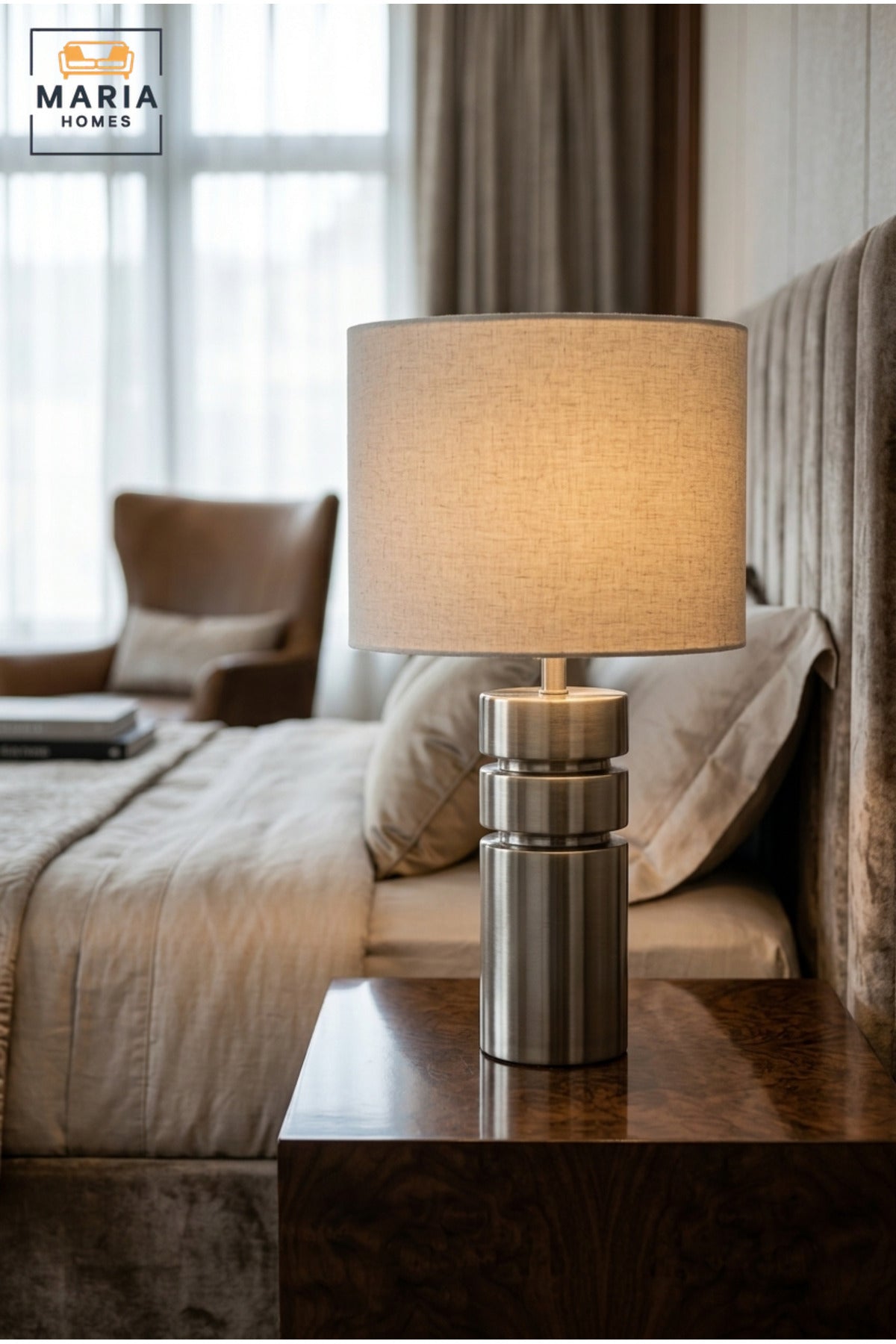 Modern Silver Cylindrical Table Lamp with Layered Base and Fabric Drum Shade Decorative Bedside Light for Bedroom Living Room Office and Hotel Décor