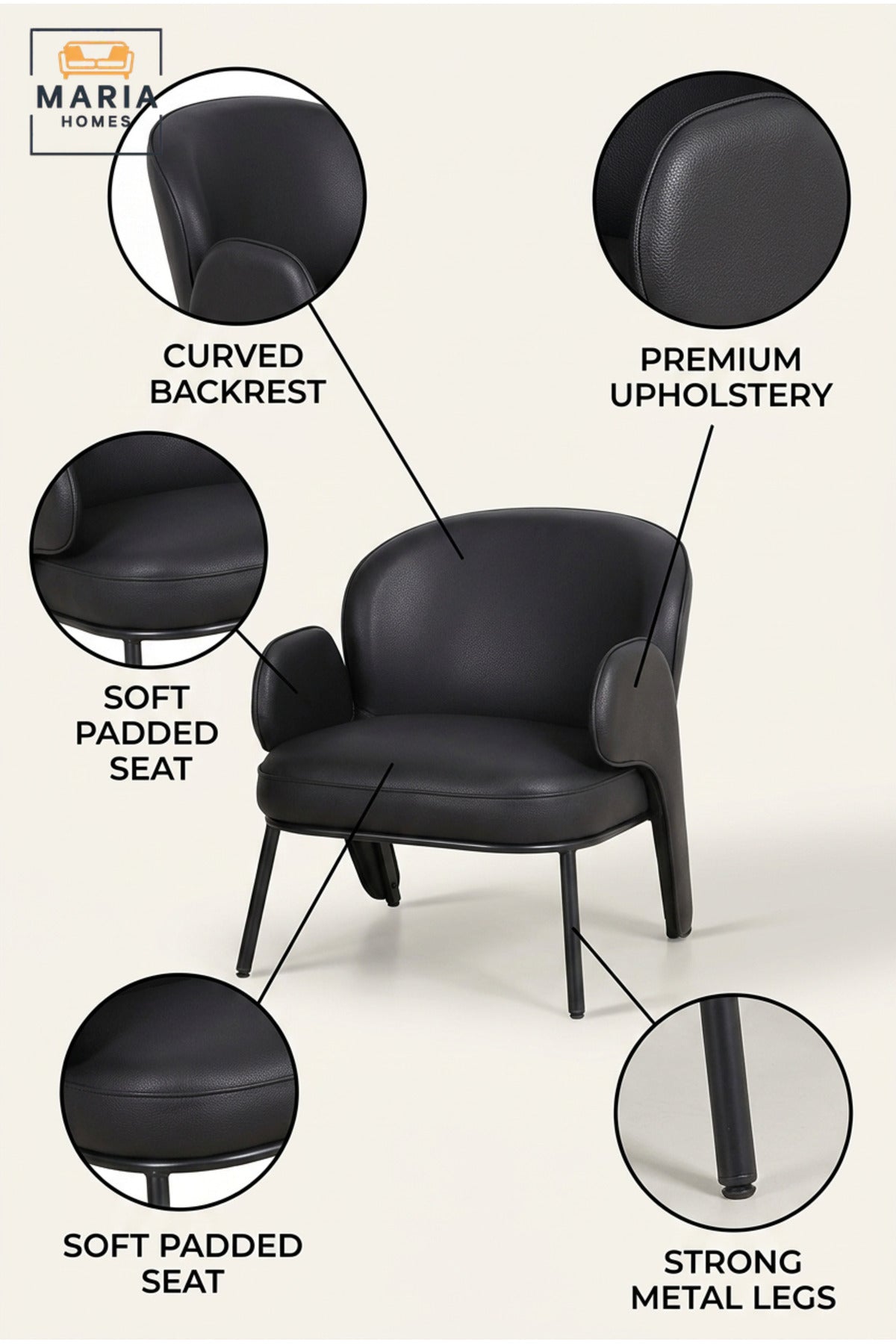 Modern Black Leather Accent Armchair with Curved Backrest, Padded Seat, Unique Armrests & Slim Metal Legs for Living Room Bedroom Office Lounge