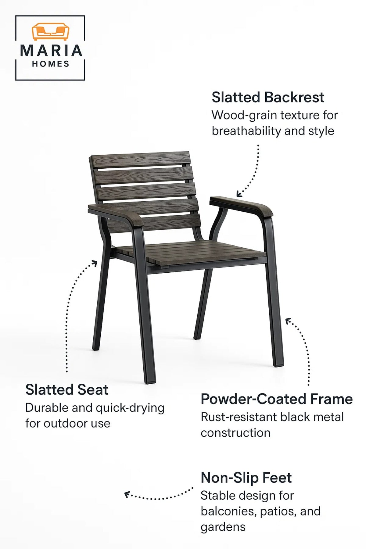 Dark Grey Outdoor Dining Armchair Metal Frame Wooden Look Garden Balcony Patio Durable Chair