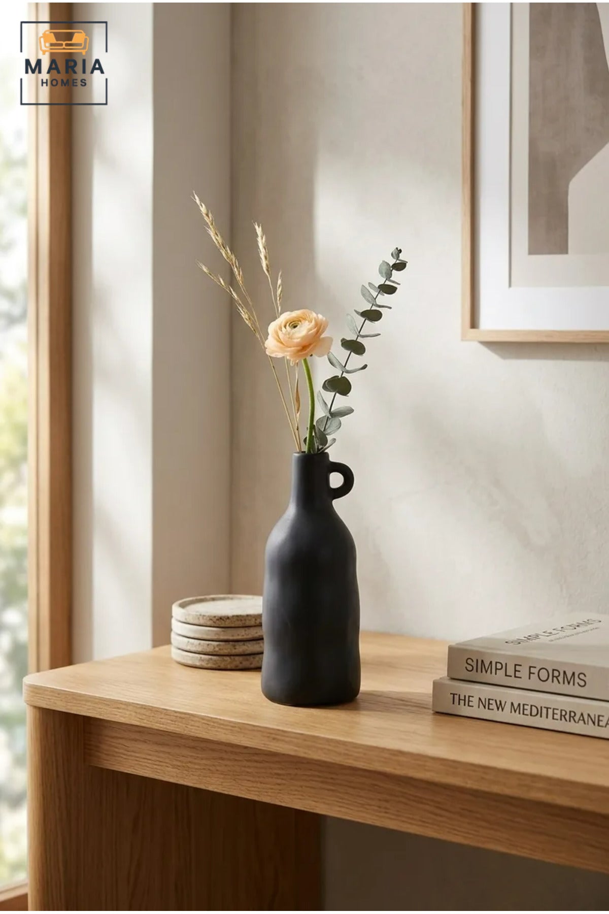 Modern Tall Decorative Flower Vase with Small Loop Handle, Narrow Neck and Sculptural Bottle Shape for Living Room, Bedroom, Office and Console Décor