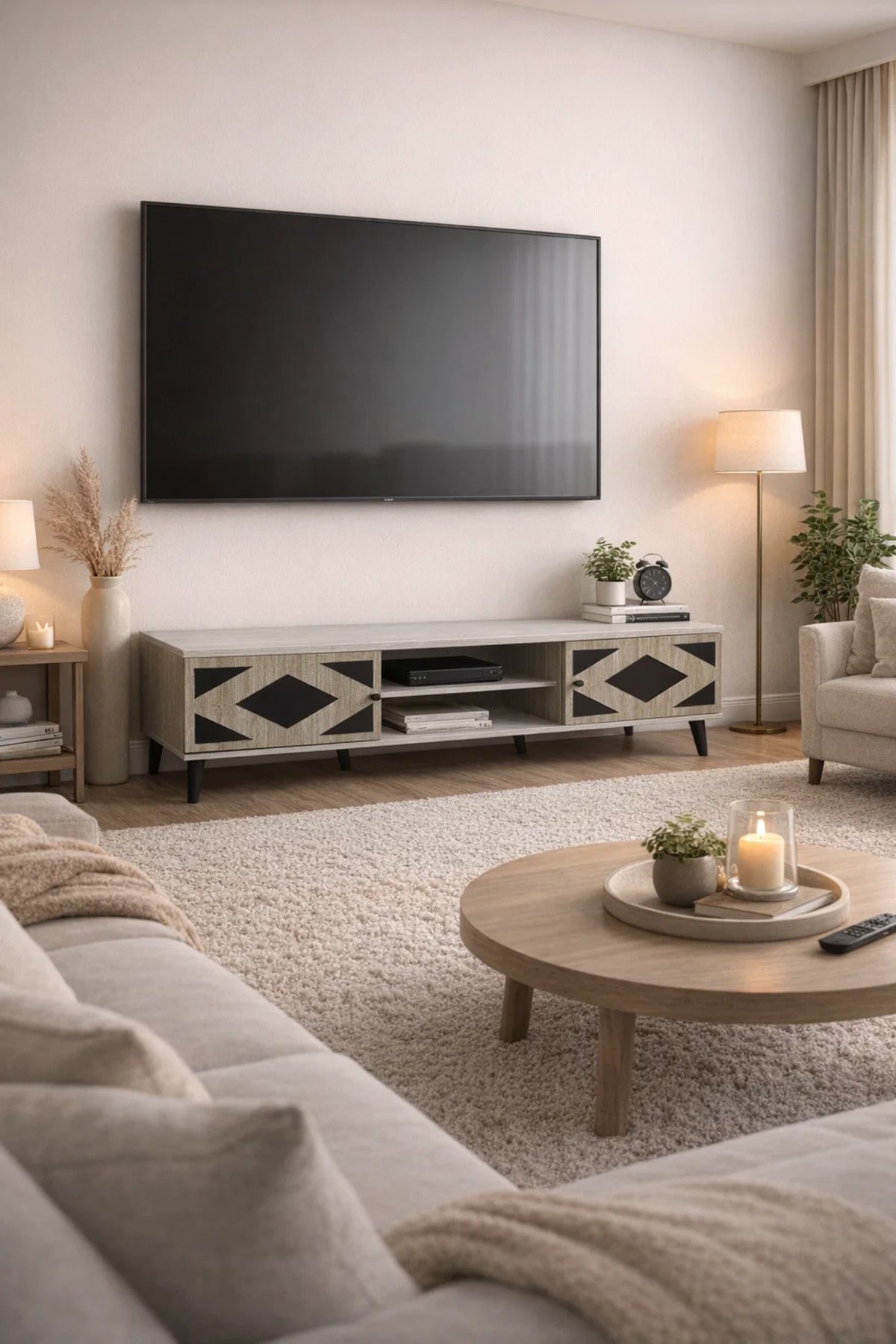 Stylish Beige TV Unit 180cm Modern Media Console with Geometric Storage for Large Living Rooms