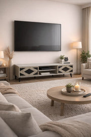 Stylish Beige TV Unit 180cm Modern Media Console with Geometric Storage for Large Living Rooms