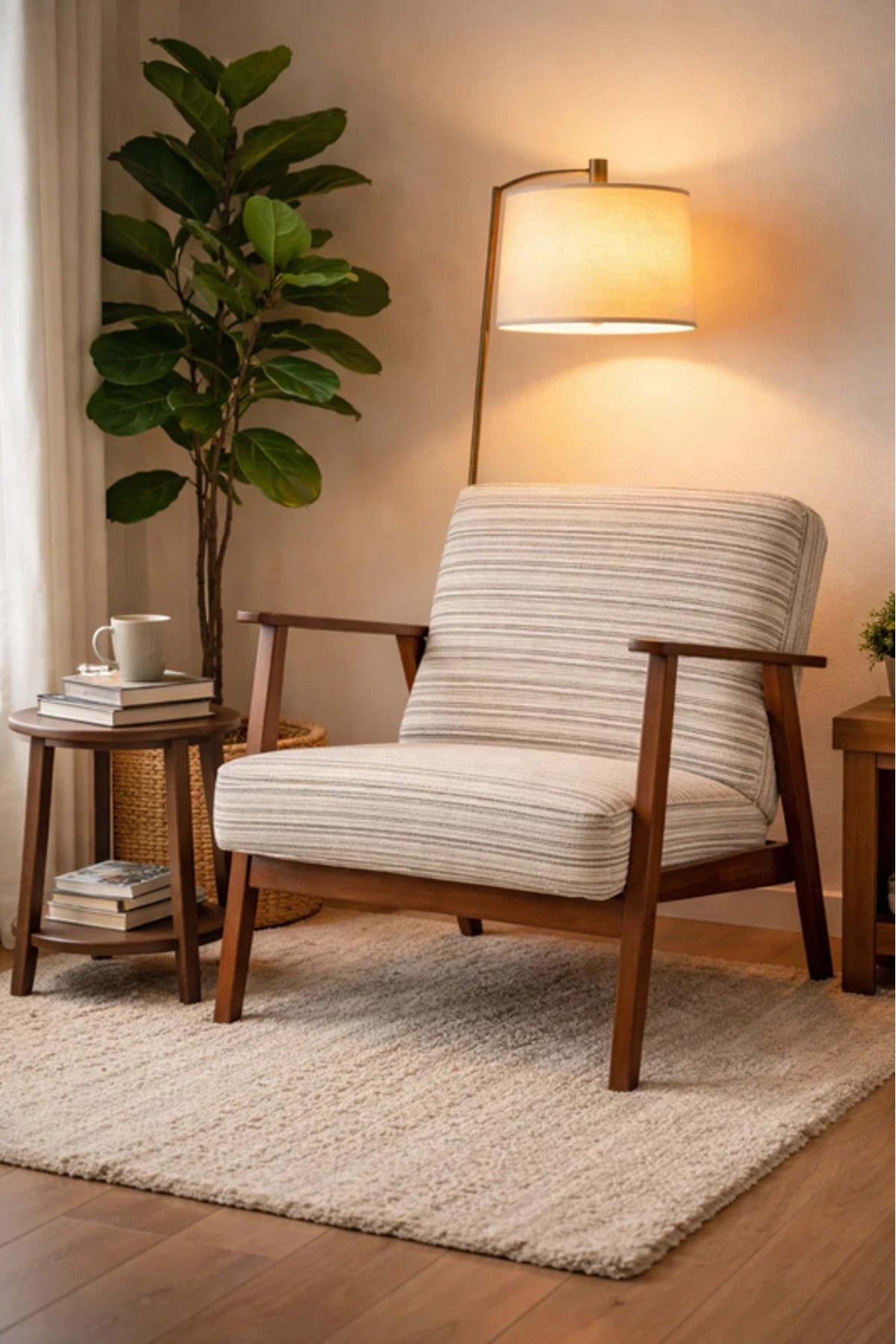 Modern Beige Fabric Lounge Armchair with Wooden Frame Comfortable Accent Chair
