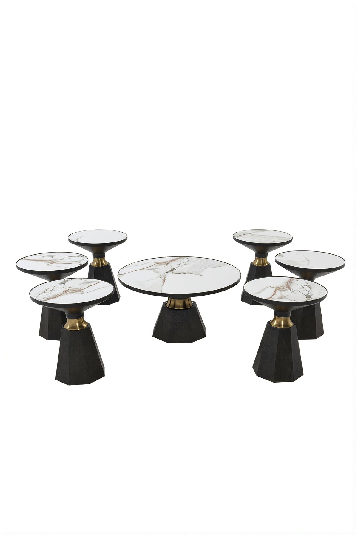 Modern 7-Piece Coffee Table Set Ceramic Top Black Base Gold Detail Center Table Living Room Kit