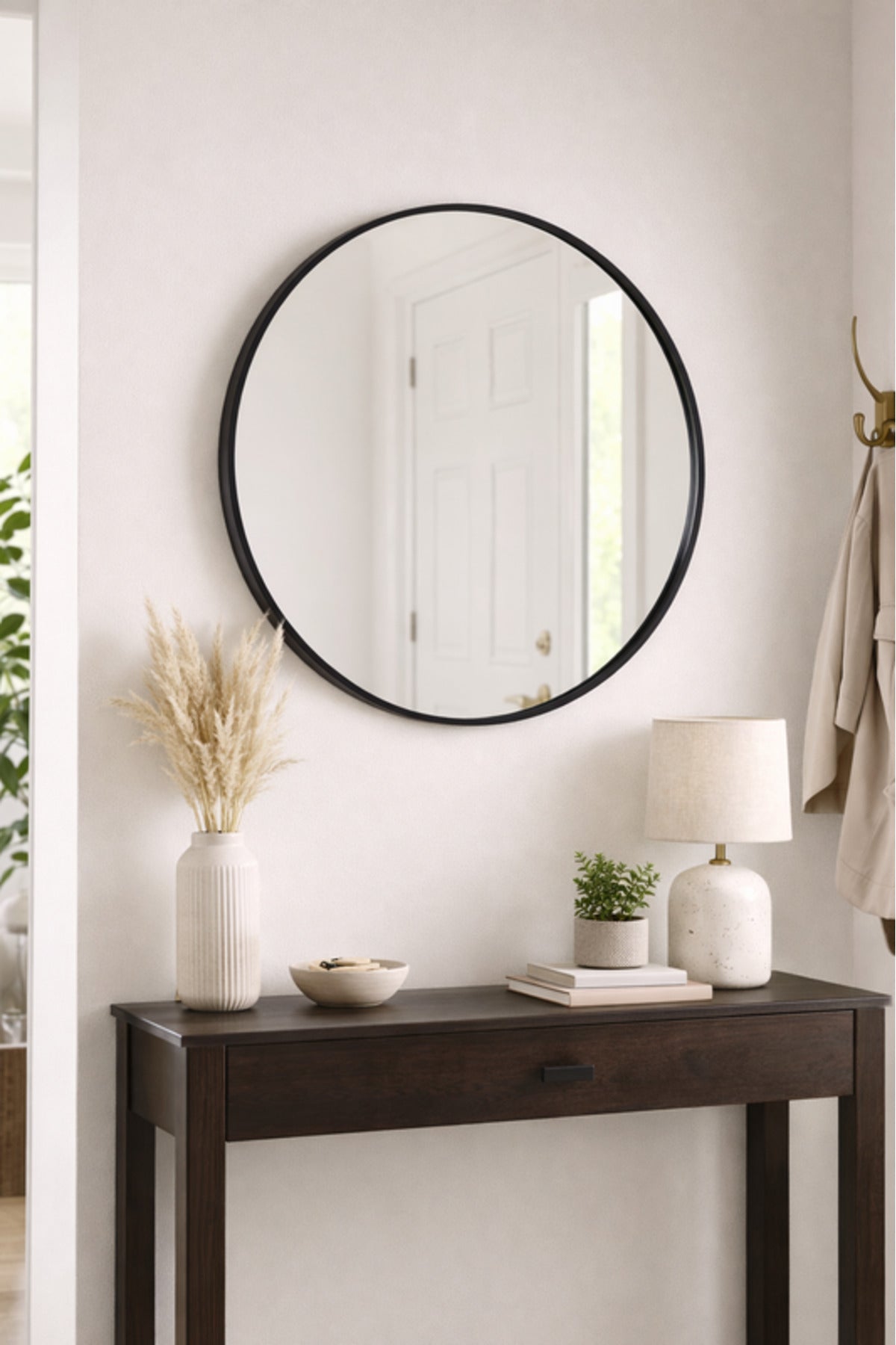 Modern Round Wall Mirror with Black Frame for Bathroom & Living Room