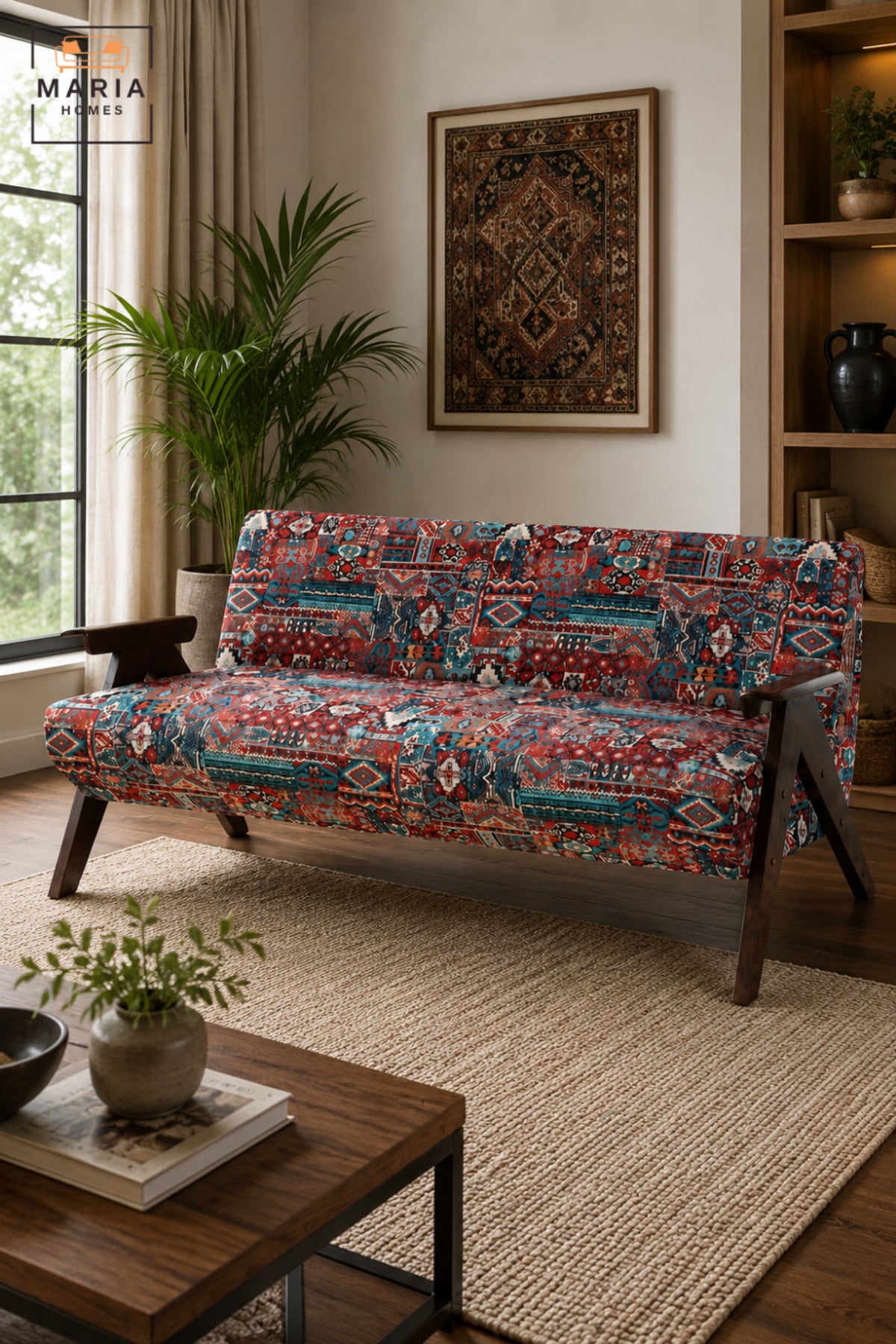 Traditional Pattern Upholstered 3 Seater Sofa with Wooden Arms & Legs | Vintage Style Accent Couch for Living Room, Lounge & Sitting Area