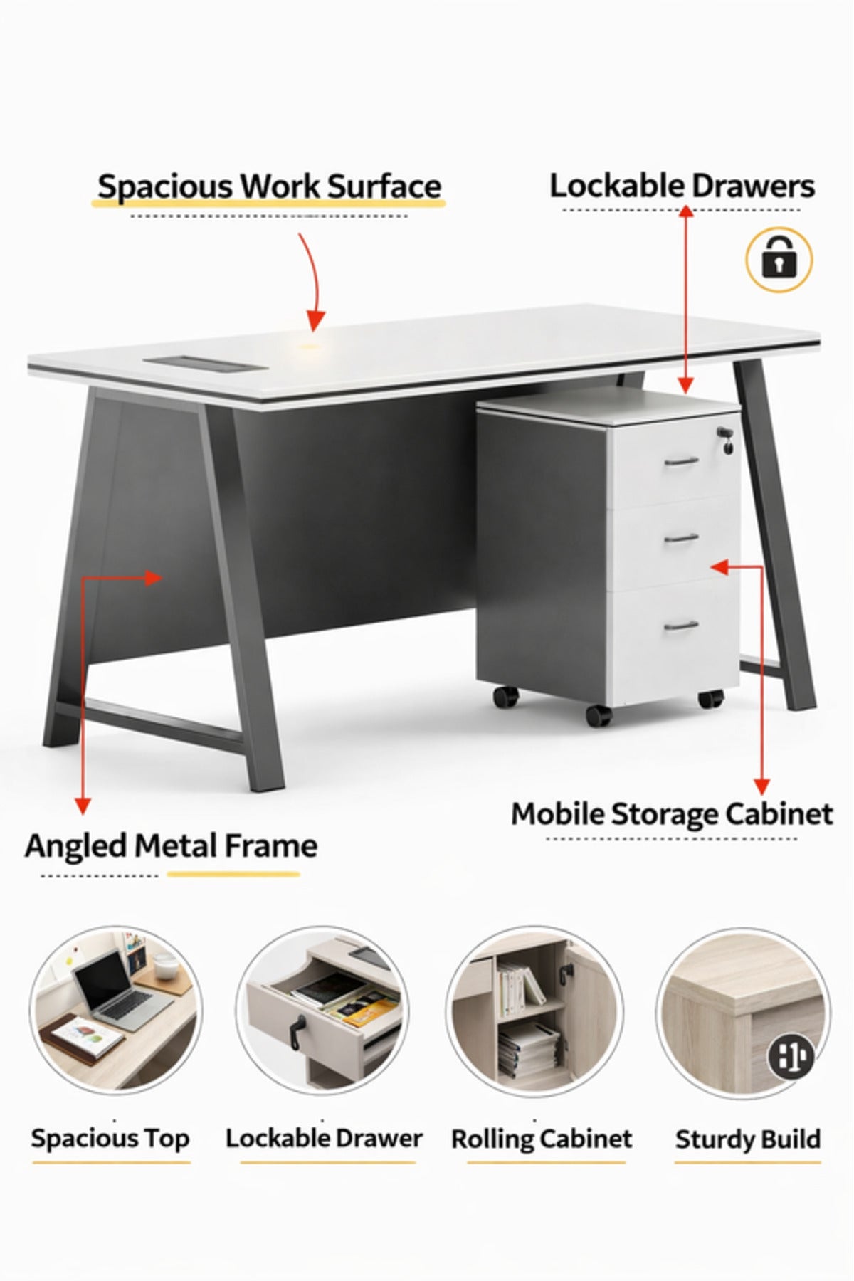 Modern White and Grey Office Desk with Mobile Drawer Cabinet
