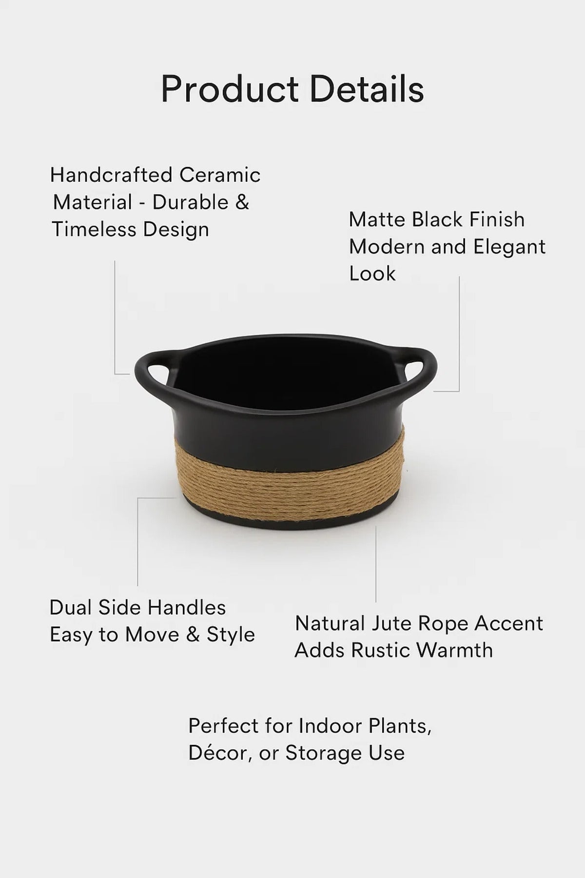 Black Ceramic Basket PlanterÐ Modern Decorative Pot with Rope Design for Home DŽcor