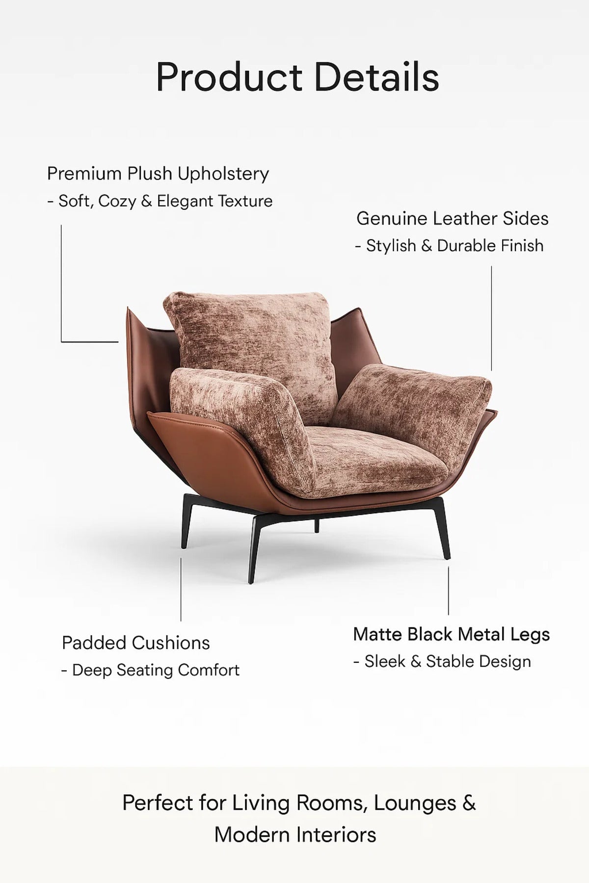 Coffee Velvet & Leather Lounge Chair, Luxury Armchair for Living Room, Bedroom & Hotel Lobby