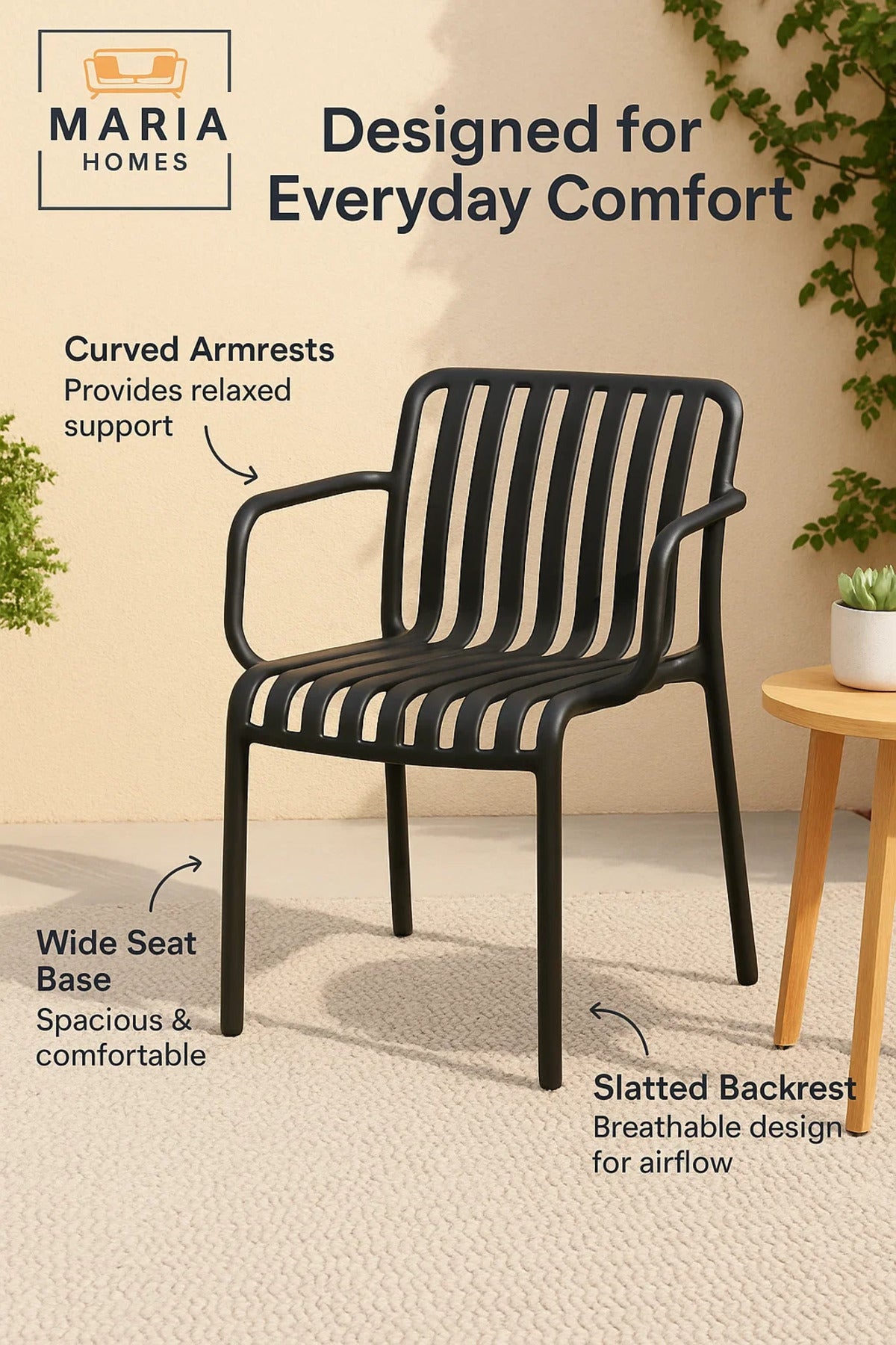 Black Plastic Outdoor Armchair with Slatted Design