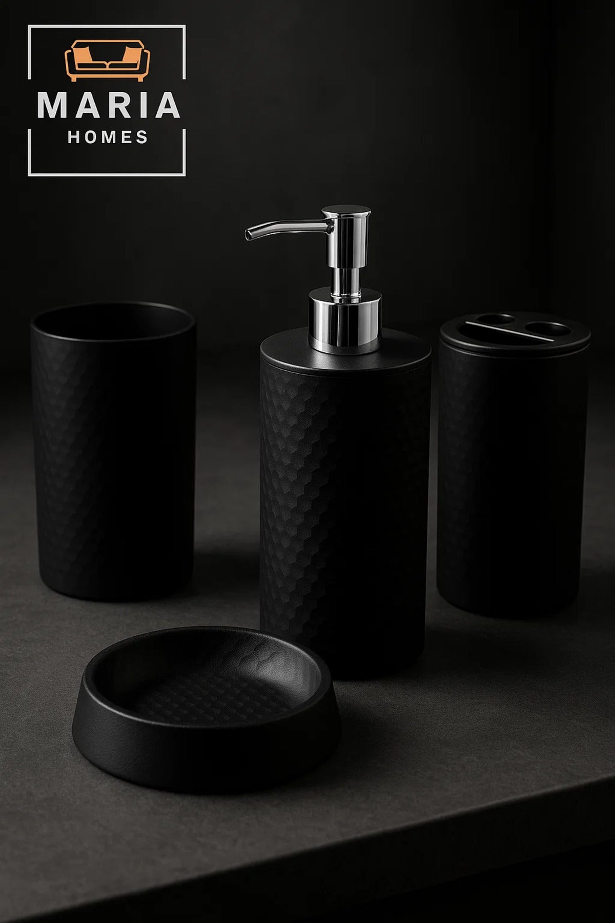 Textured Black Resin Bathroom Accessory Set Ð 4 set
