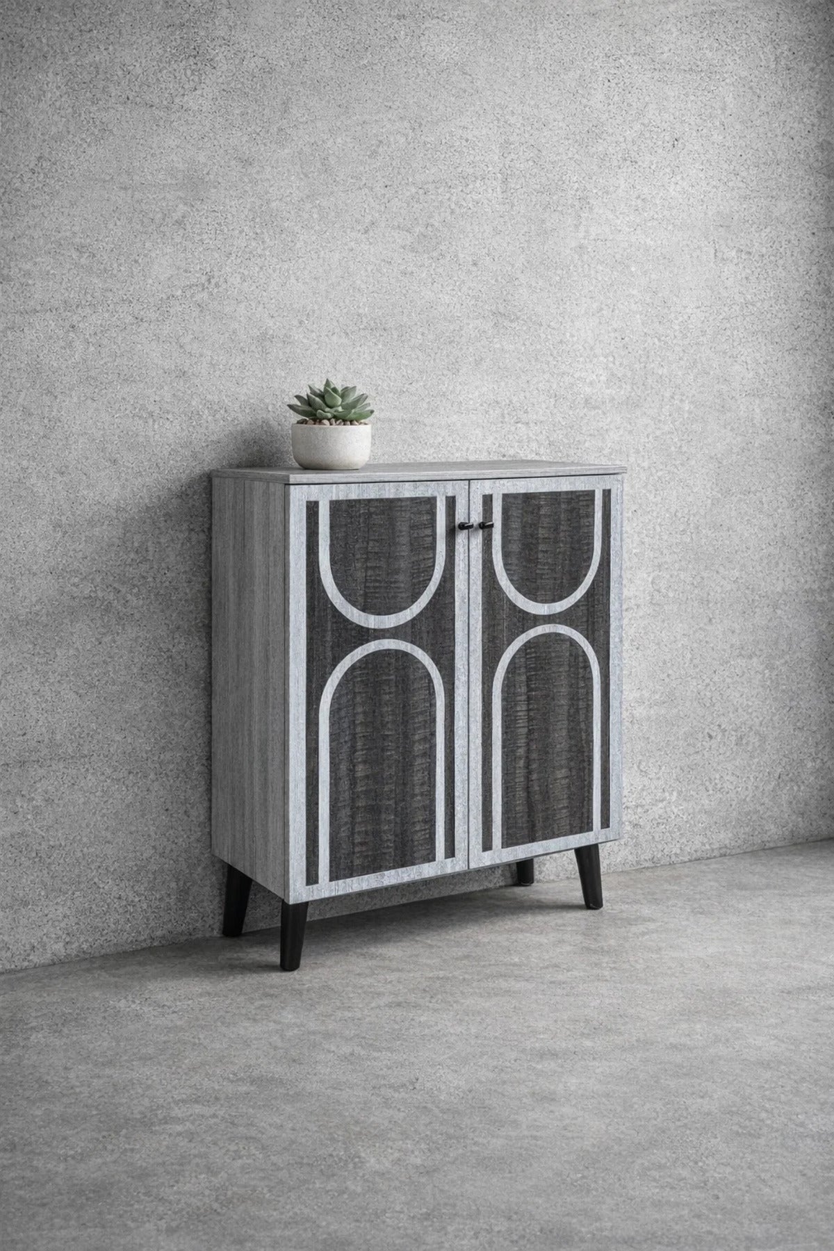 Stylish Grey Shoe Cabinet with Geometric Arch Design Modern Entryway Organizer 2-Door Unit