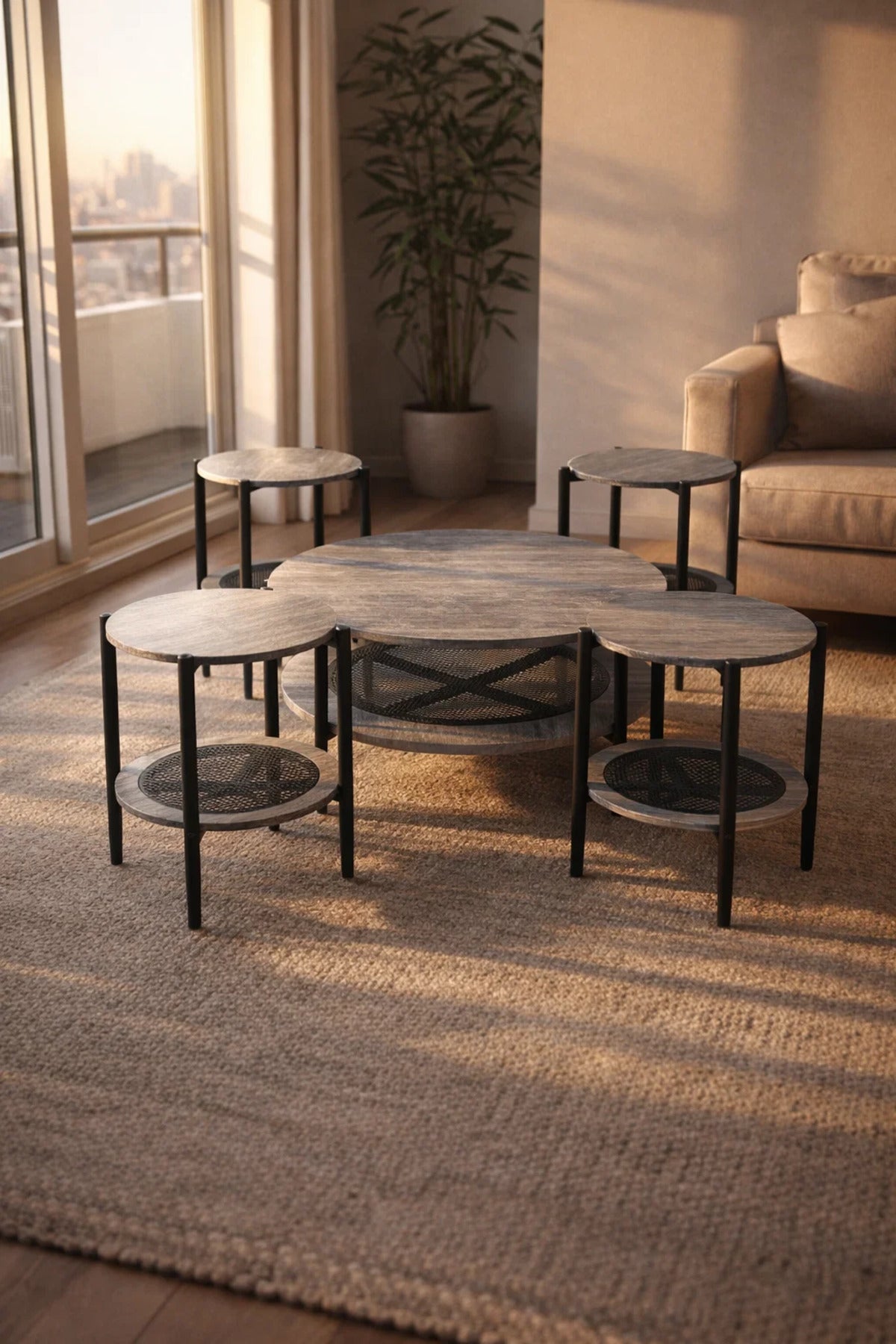 Contemporary Grey Wood Round Coffee Table Set 1+4 with Metal Legs for Stylish Home Living Room