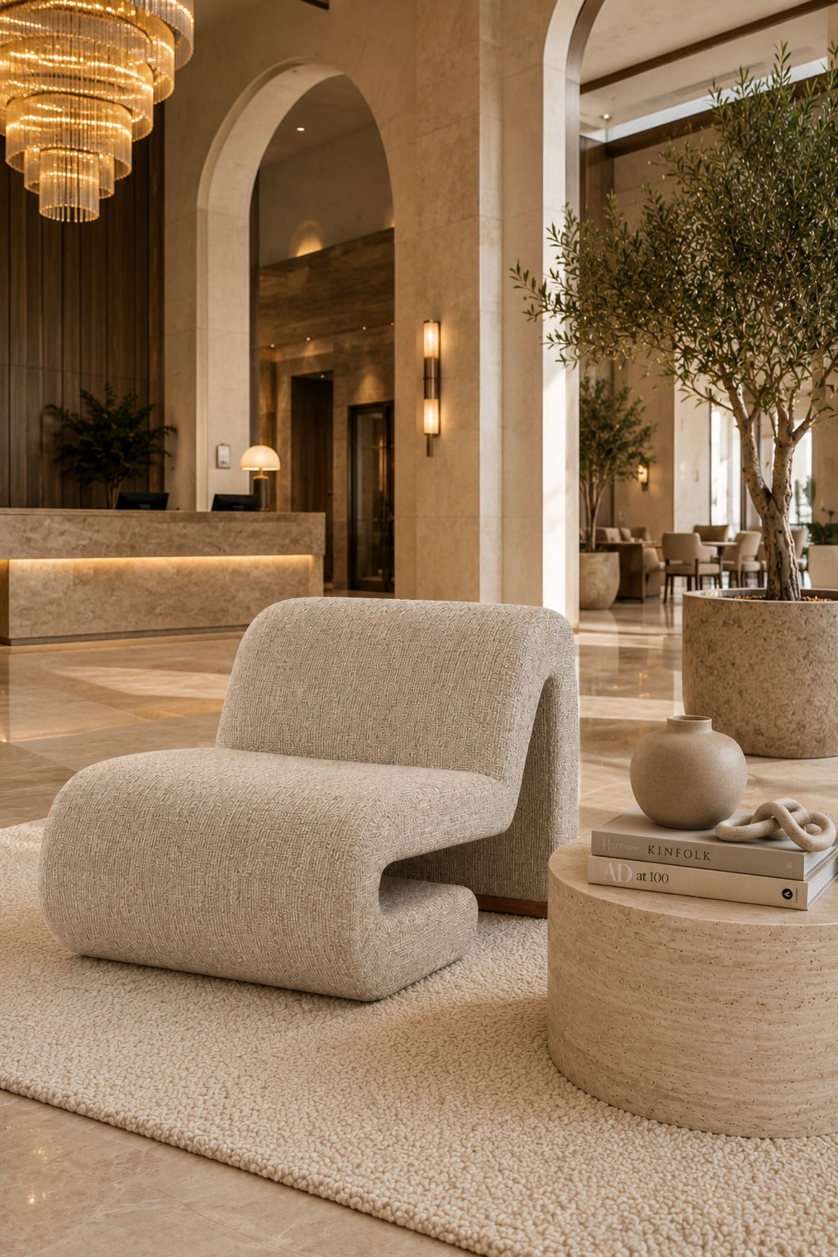 Modern Beige BouclŽ Lounge Chair Ð Curved Scandinavian Accent Chair for Living Room, Bedroom & Hotel Lounge | Contemporary Upholstered Leisure Chair