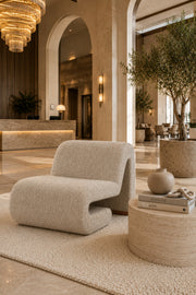 Modern Beige BouclŽ Lounge Chair Ð Curved Scandinavian Accent Chair for Living Room, Bedroom & Hotel Lounge | Contemporary Upholstered Leisure Chair