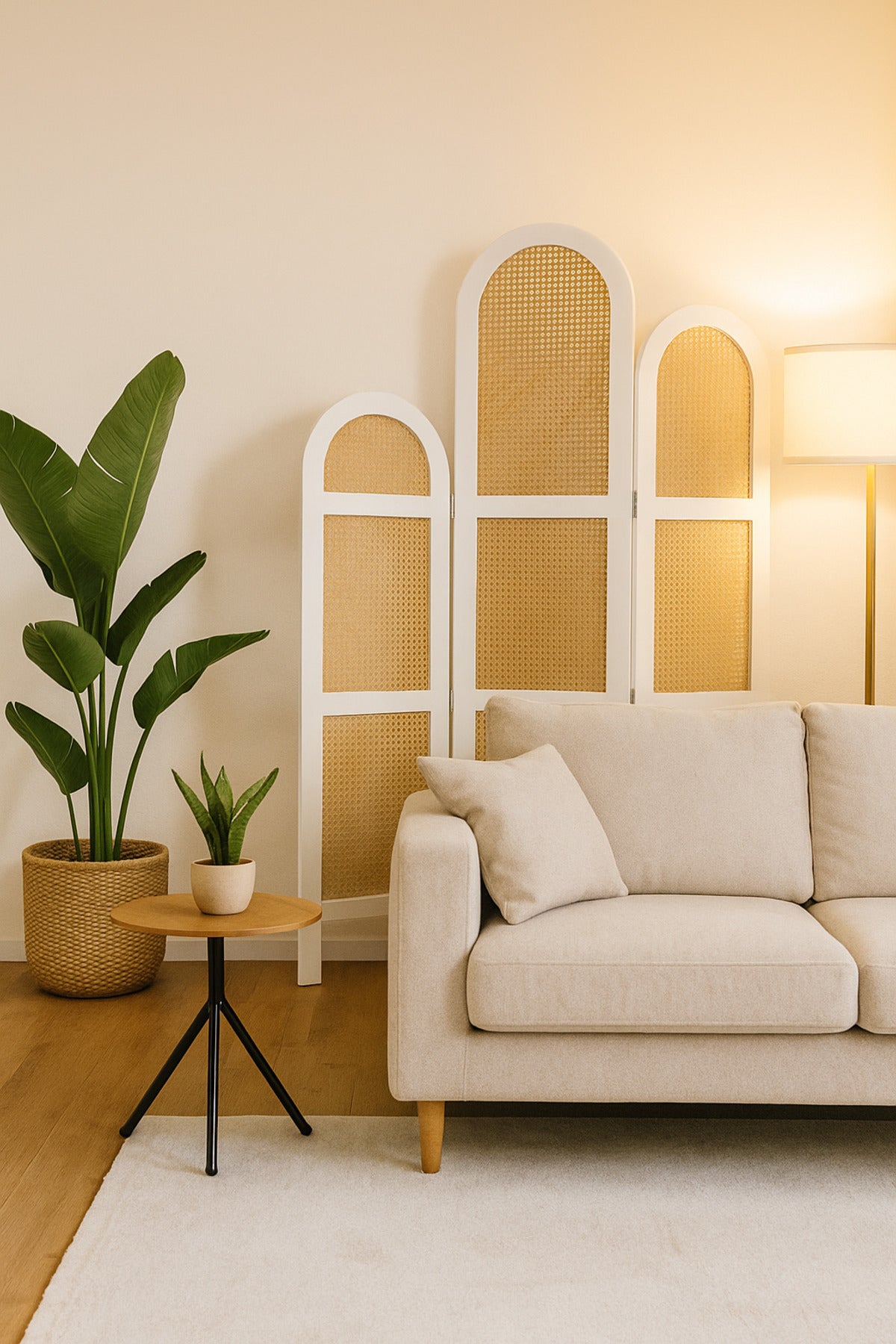 3-Panel Rattan Room Divider with White Frame √ê 121_180 cm Modern Arched Privacy Screen