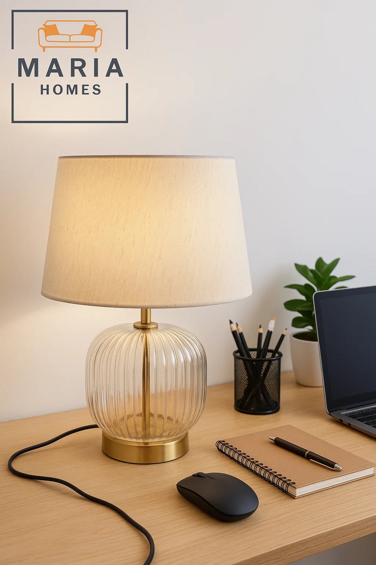 Glass Table Lamp with Ribbed Base and Fabric Shade