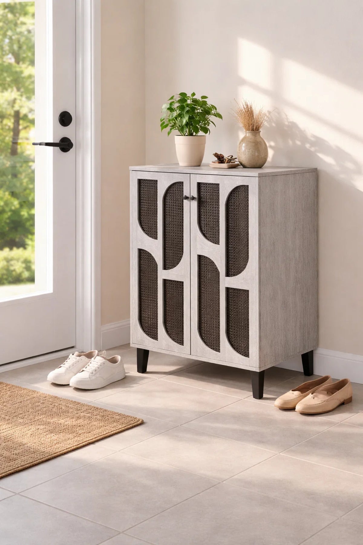 Grey Shoe Cabinet 60_34_91 cm √ê Modern Shoe Organizer with Decorative Doors
