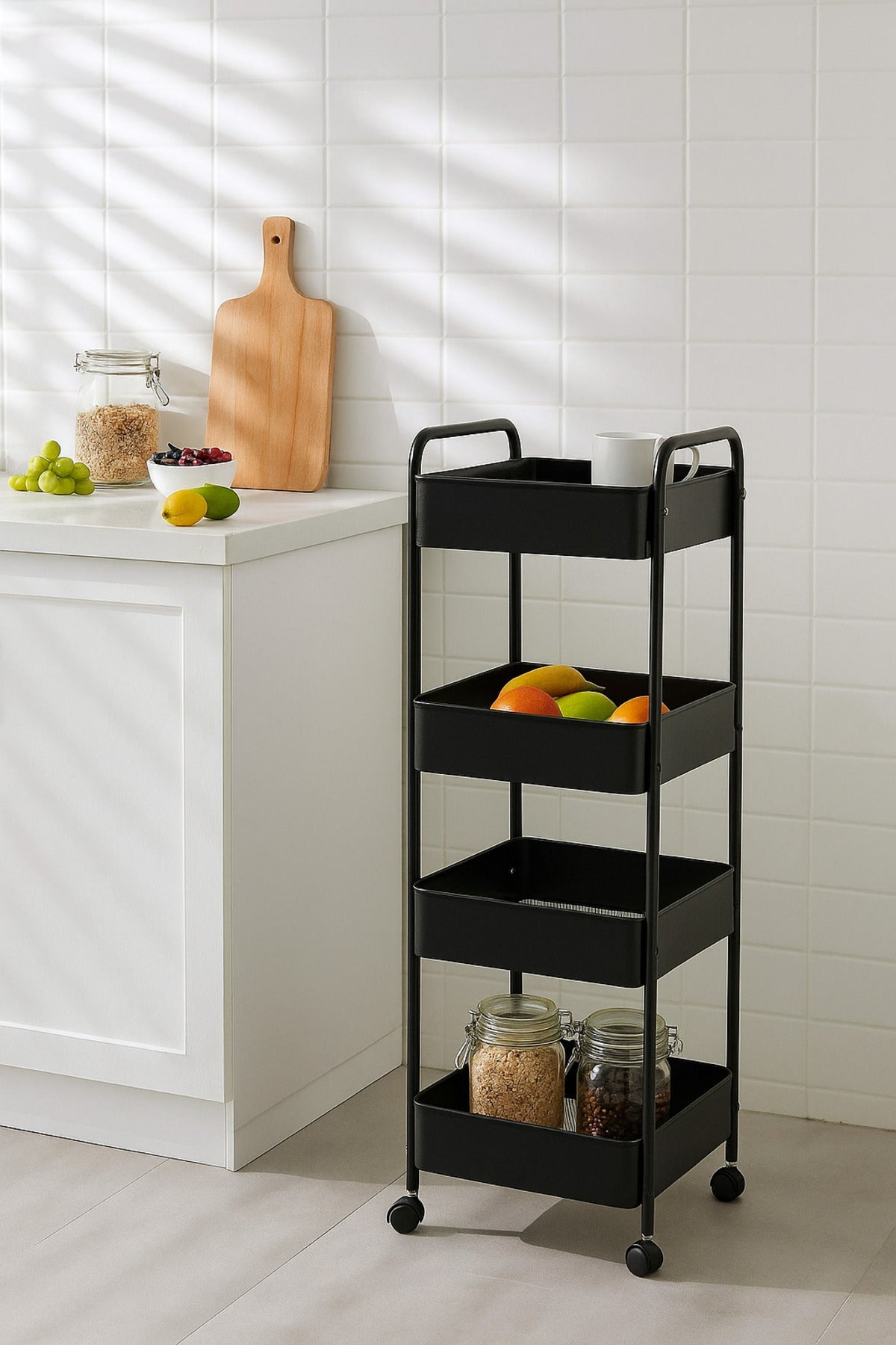 4-Layer Black Metal Storage Trolley with Wheels Ð Tall Slim Rolling Organizer Cart