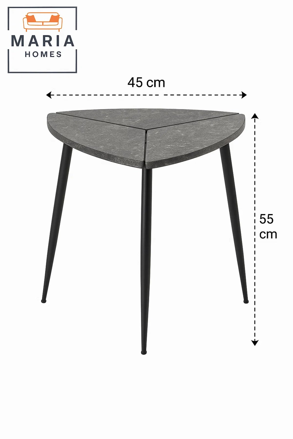 Triangular Side Table with Stone-Effect Top and Slim Black Metal Legs