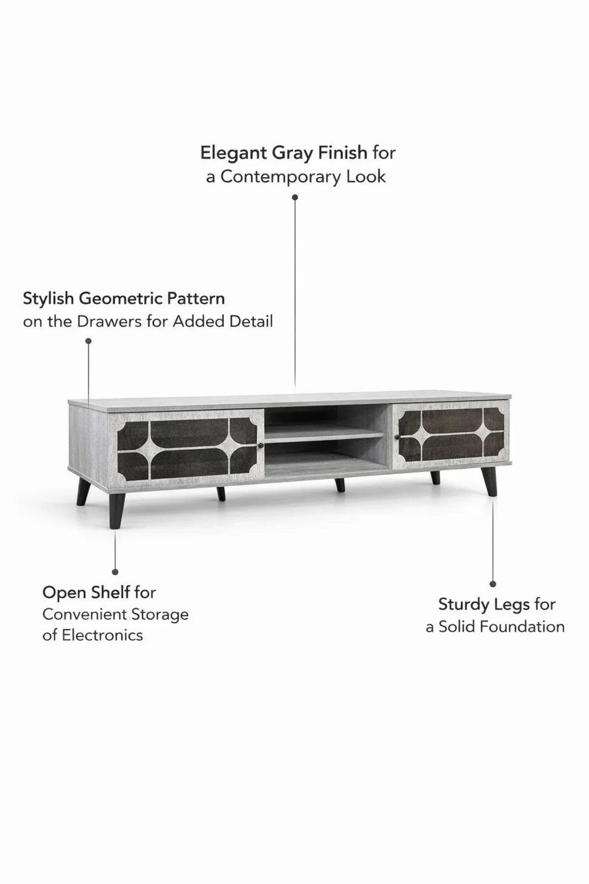 Grey Modern TV Unit 180cm Wide Media Stand with Shelving and Patterned Doors for Living Rooms