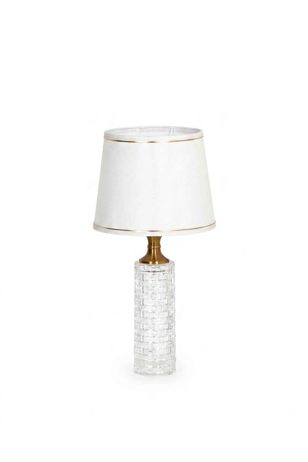 Luxury Crystal Table Lamp with White Fabric Shade, Gold Tone Details and Textured Clear Base for Bedroom, Living Room, Office, Hotel and Bedside Décor