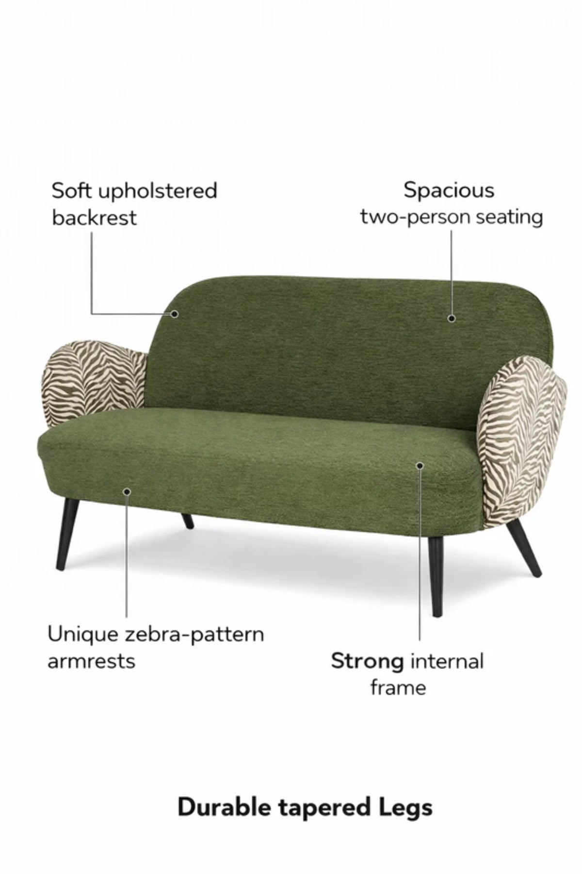 Modern Green Two Seat Sofa with Patterned Armrests Upholstered Living Room Couch modern