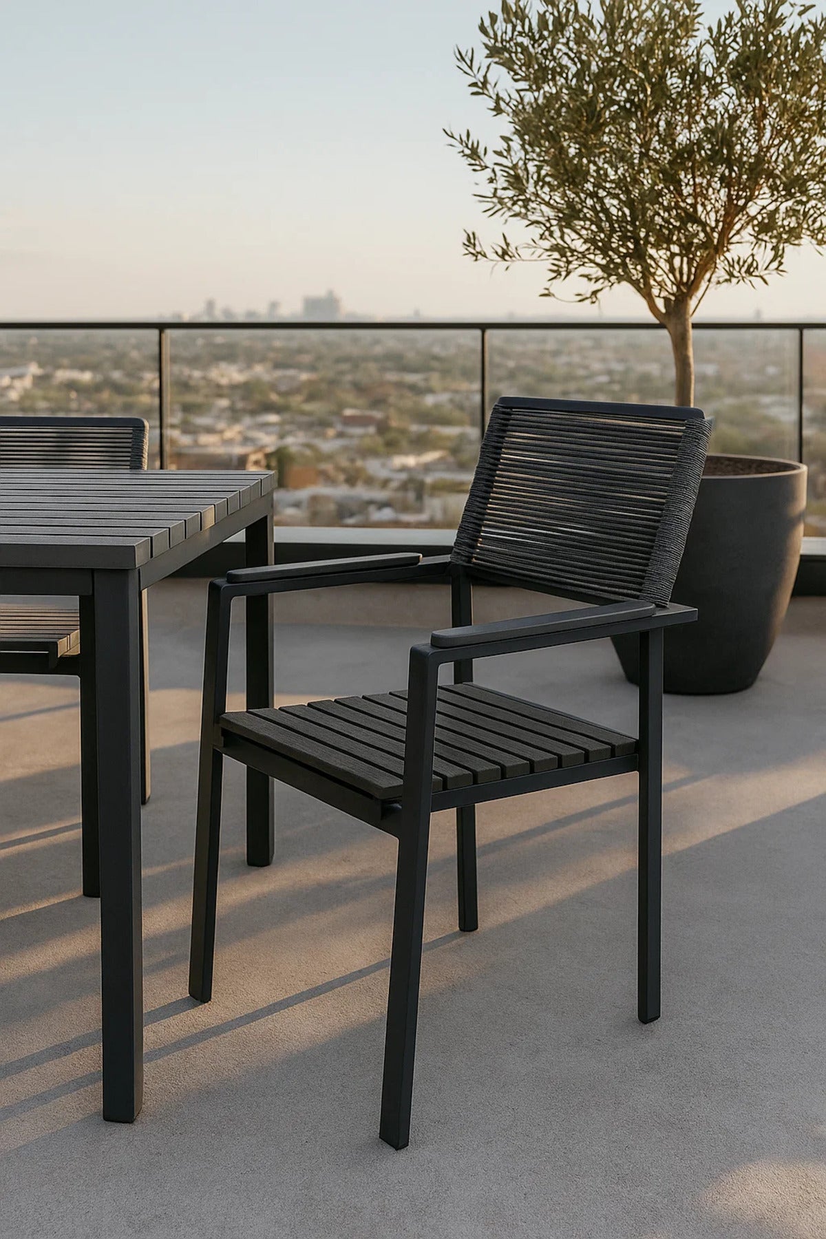 Outdoor Dining Chair with Armrest Weather Resistant Metal Frame Modern Patio Garden Chair Grey
