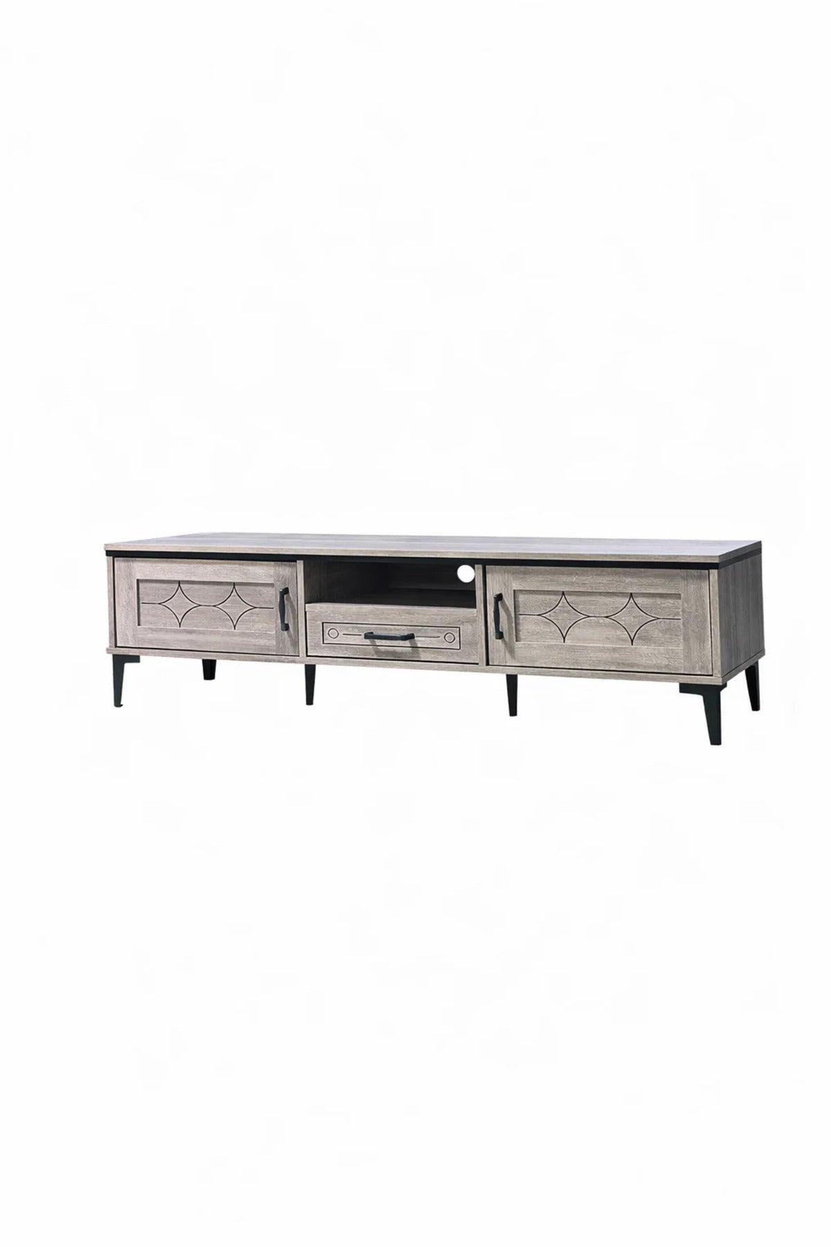 Premium 180cm Wooden TV Unit Entertainment Center with Geometric Design and Metal Legs for Home