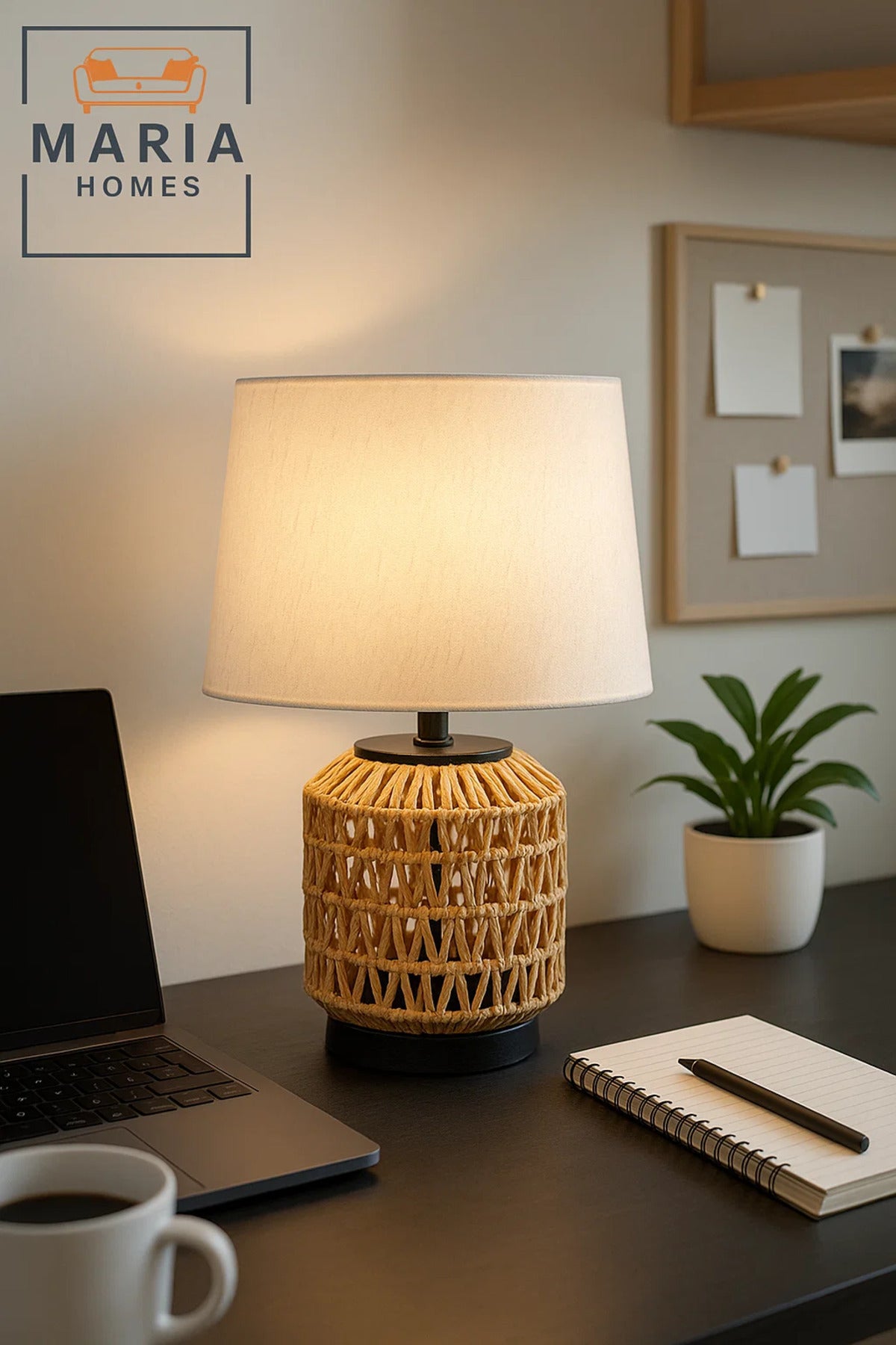 Woven Rattan Table Lamp with White Shade