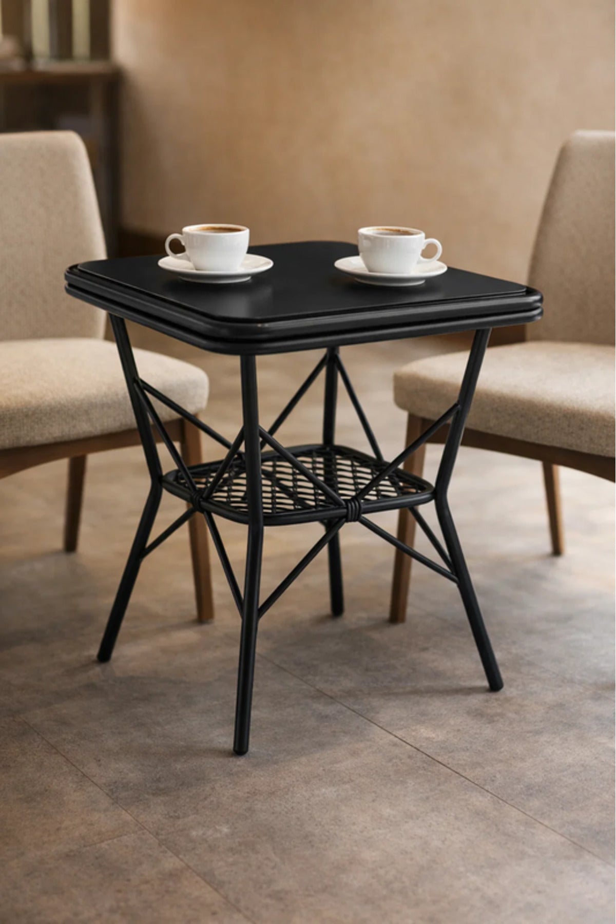 Modern Black Square Table with Marble-Effect Top & Metal Cross Base