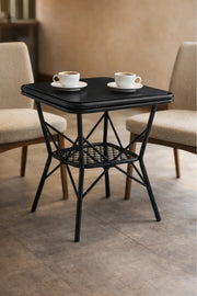 Modern Black Square Table with Marble-Effect Top & Metal Cross Base