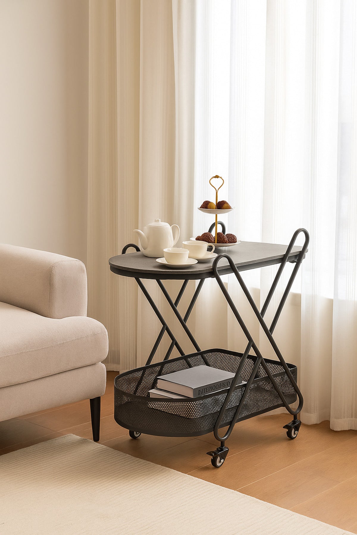 Gray Metal Serving Trolley Ð 2-Tier Industrial Bar Cart with Mesh Basket & Wheels 70_44_85 cm