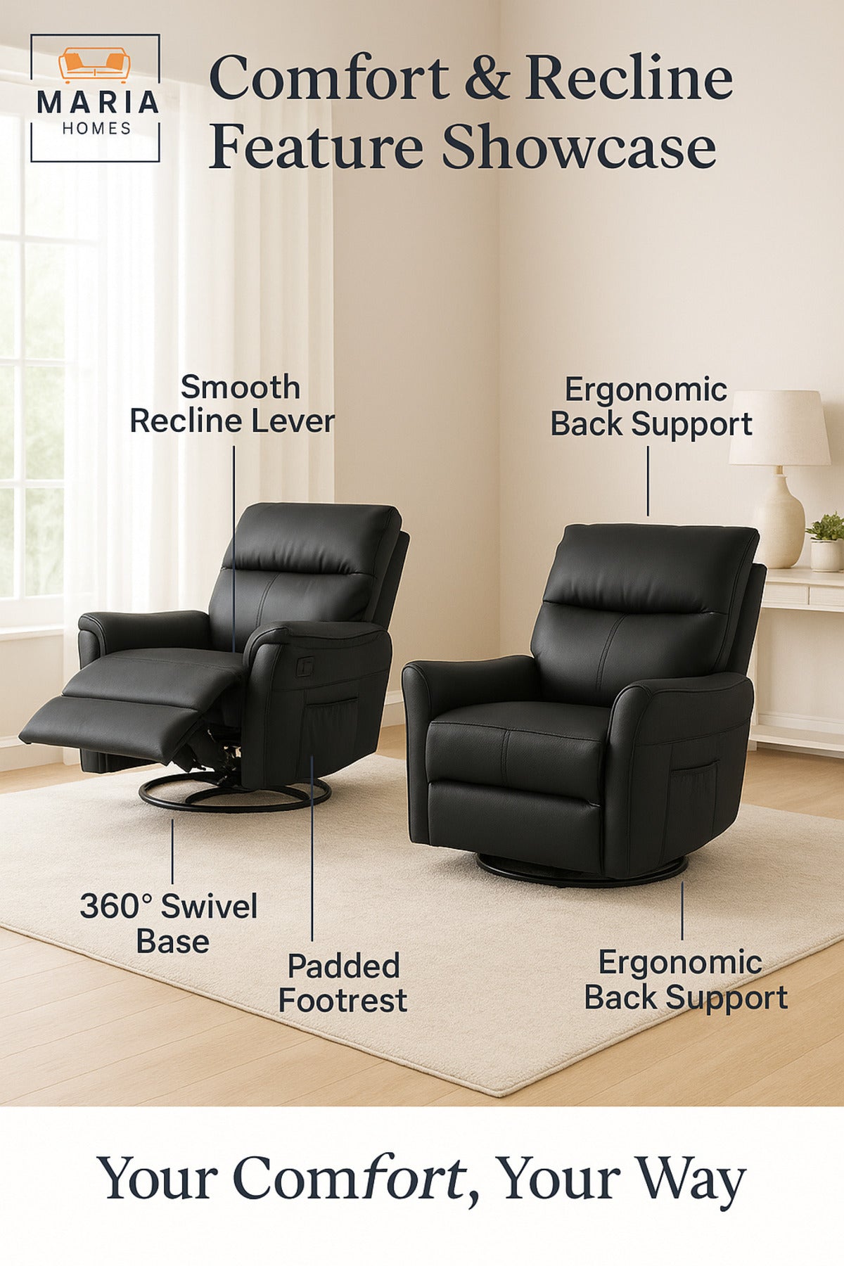Black Recliner Chair Ð Swivel, Footrest & Side Pocket for Living Room Comfort